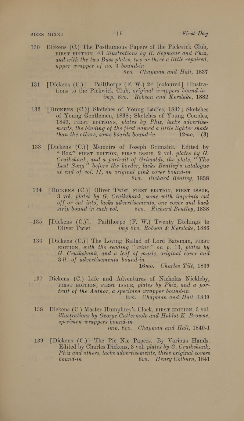 131 132 134 136 137 138 139 FIRST EDITION, 43 wlustrations by R. Seymour and Phiz, and with the two Buss plates, two or three a little repaired, upper wrapper of no. 3 bound-in | Svo. Chapman and Hall, 1837 [Dickens (C.)]. Pailthorpe (F. W.) 24 [coloured] Ilustra- tions to the Pickwick Club, original wrappers bound-m imp. 8v0. Robson and Kerslake, 1882 [Dickens (C.)| Sketches of Young Ladies, 1837; Sketches of Young Gentlemen, 1838; Sketches of Young Couples, 1840, FIRST EDITIONS, plates by Phiz, lacks advertise- ments, the binding of the first named a little lighter shade than the others, some boards bound-in 12mo. (38) [Dickens (C.)] Memoirs of Joseph Grimaldi. Edited by “ Boz,” FIRST EDITION, FIRST ISSUE, 2 vol. plates by G. /ruikshank, and a portrait of Grumaldi, the plate, “ The Last Song” before the border, lacks Bentley’s catalogue at end of vol. II, an original pink cover bound-in 8v0. Richard Bentley, 1838 [Dickens (C.)] Oliver Twist, FIRST EDITION, FIRST ISSUE, 3 vol. plates by G. Cruikshank, some with imprints cut off or cut into, lacks advertisements, one cover and back strip bound in each vol. 8vo. Richard Bentley, 1838 [Dickens (C.)]. Pailthorpe (F. W.) Twenty Etchings to Oliver Twist ump 8vo. Robson &amp; Kerslake, 1886 | Dickens (C.)| The Loving Ballad of Lord Bateman, First EDITION, with the reading “wine” on p. 18, plates by G. Cruikshank, and a leaf of music, original cover and 311. of advertisements bound-in 16mo. Charles Tilt, 1839 Dickens (C.) Life and Adventures of Nicholas Nickleby, FIRST EDITION, FIRST ISSUE, plates by Phiz, and a por- trait of the Author, a specimen wrapper bound-in 8vo. Chapman and Hall, 1839 Dickens (C.) Master Humphrey’s Clock, FrirsT EDITION, 3 vol. illustrations by George Cattermole and Hablot K. Browne, specimen wrappers bound-in imp. 8vo. Chapman and Hall, 1840-1 [Dickens (C.)| The Pic Nic Papers. By Various Hands. Edited by Charlies Dickens, 3 vol. plates by G. Cruikshank, Phiz and others, lacks advertisements, three original covers bound-in 8vo. Henry Colburn, 1841