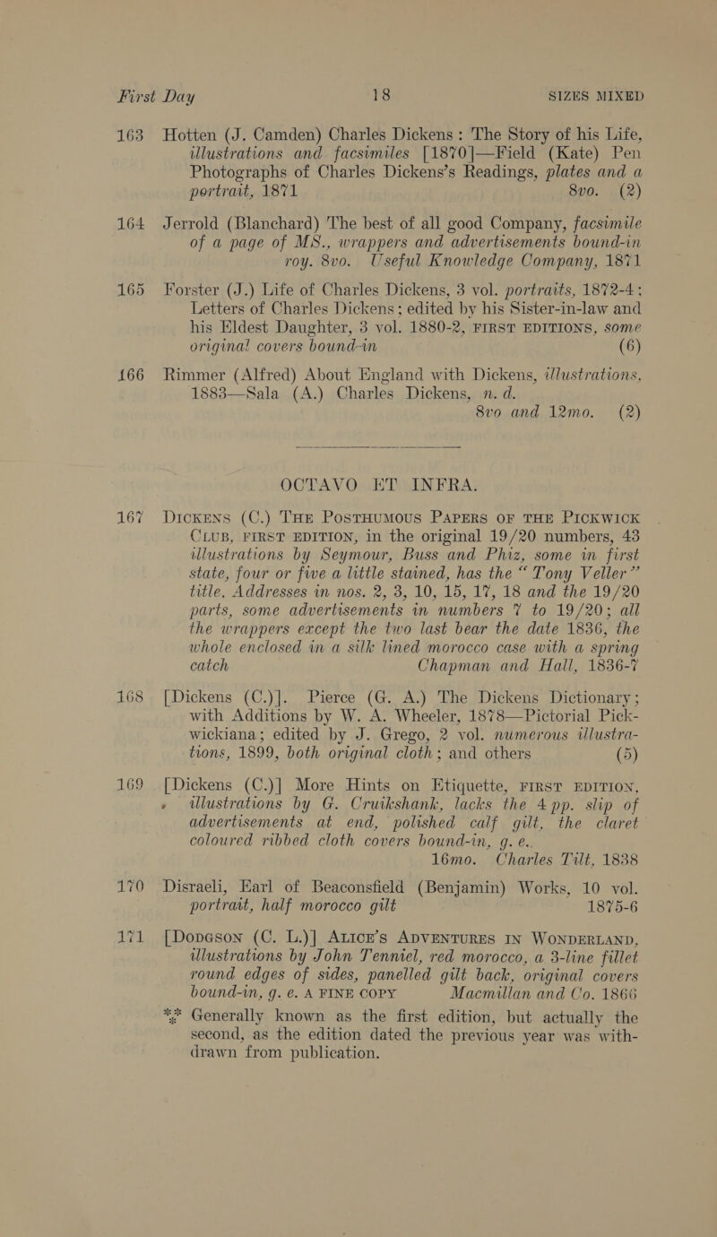 164 165 166 167 168 169 illustrations and. facsimiles [1870|—Field (Kate) Pen Photographs of Charles Dickens’s Readings, plates and a portrait, 1871 8vo. (2) Jerrold (Blanchard) The best of all good Company, facsimile of a page of MS., wrappers and advertisements bound-in roy. 8vo. Useful Knowledge Company, 1871 Forster (J.) Life of Charles Dickens, 3 vol. portraits, 1872-4 ; Letters of Charles Dickens ; edited by his Sister-in-law and his Eldest Daughter, 3 vol. 1880-2, FIRST EDITIONS, some origina! covers bound~n (6) Rimmer (Alfred) About England with Dickens, ilustrations, 1883—Sala (A.) Charles Dickens, n. d. 8vo and 12mo. (2)  OCTAVO KET INFRA. DickENS (C.) THe PostHuMoUS PAPERS OF THE PICKWICK CLUB, FIRST EDITION, in the original 19/20 numbers, 43 illustrations by Seymour, Buss and Phiz, some in first state, four or fwe a little staned, has the “ Tony Veller” title, Addresses in nos, 2, 38, 10, 15, 17, 18 and the 19/20 parts, some advertisements in numbers 7 to 19/20; all the wrappers except the two last bear the date 1836, the whole enclosed m a silk lined morocco case with a spring catch Chapman and Hall, 1836-7 [Dickens (C.)]. Pierce (G. A.) The Dickens Dictionary ; with Additions by W. A. Wheeler, 1878—Pictorial Pick- wickiana; edited by J. Grego, 2 vol. numerous wlustra- tions, 1899, both original cloth; and others (5) [Dickens (C.)| More Hints on Etiquette, First EDITION, - wlustrations by G. Cruikshank, lacks the 4 pp. slip of advertisements at end, polished calf gilt, the claret coloured ribbed cloth covers bound-in, g. e.. 16mo. Charles Tilt, 1838 Disraeli, Earl of Beaconsfield (Benjamin) Works, 10 vol. portrait, half morocco gilt 1875-6 [Dopeson (C. L.)] ALice’s ADVENTURES IN WONDERLAND, ulustrations by John Tenniel, red morocco, a 3-line fillet round edges of sides, panelled gilt back, original covers bound-tn, g. @. A FINE COPY Macmillan and Co. 1866 *; Generally known as the first edition, but actually the second, as the edition dated the previous year was with- drawn from publication.