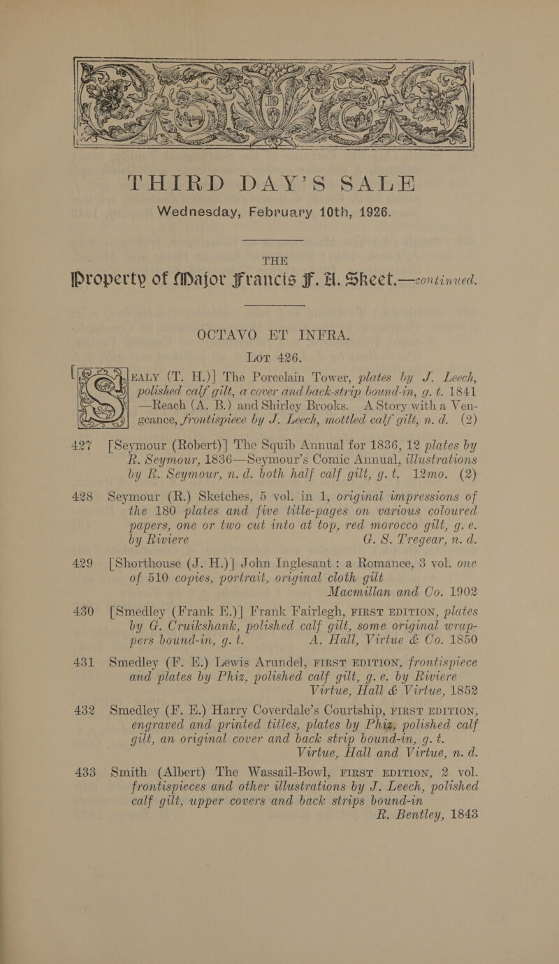   THE Property of Major Francis F. H. Skeet.—continued. OCTAVO ET INFRA. Lor 426. EALY (T. H.)| The Porcelain Tower, plates by J. Leech, polished calf gilt, a cover and back-strip bound-in, g. t. 1841 —Reach (A. B.) and Shirley Brooks. A Story with a Ven- geance, frontispiece by J. Leech, mottled calf gilt, n.d. (2)  42% [Seymour (Robert)] The Squib Annual for 1836, 12 plates by R. Seymour, 1836—Seymour’s Comic Annual, wlustrations by hk. Seymour, n.d. both half calf gilt, g.t. 12mo. (2) 428 Seymour (R.) Sketches, 5 vol. in 1, original wmpressions of the 180 plates and fwe title-pages on various coloured papers, one or two cut mto at top, red morocco gilt, g. e. by Riviere G. S. Tregear, n. d. 429 [Shorthouse (J. H.)| John Inglesant : a Romance, 3 vol. one of 510 copies, portrait, original cloth gilt Macmillan and Co. 1902 430 [Smedley (Frank E.)| Frank Fairlegh, First EDITION, plates by G. Cruikshank, polished calf gilt, some original wrap- pers bound-in, g. t. A. Hall, Virtue &amp; Co. 1850 431 Smedley (F. EH.) Lewis Arundel, First EDITION, frontispiece and plates by Phiz, polished calf gilt, g.e. by Rwiere Virtue, Hall &amp; Virtue, 1852 432 Smedley (F. EH.) Harry Coverdale’s Courtship, FIRST EDITION, engraved and printed titles, plates by Phig, polished calf gut, an original cover and back strip bound-in, g. t. Virtue, Hall and Virtue, n. d. 433 Smith (Albert) The Wassail-Bowl, First EDITION, 2 vol. frontispieces and other illustrations by J. Leech, polished calf gilt, upper covers and back strips bound-in R. Bentley, 1848