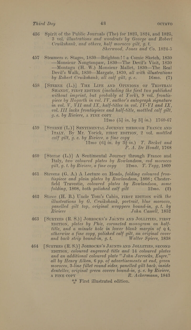 456 457% 458 459 460 461 462 463 464 Spirit of the Public Journals (The) for 1823, 1824, and 1825, 3 vol. wdlustrations and woodcuts by George and Robert Cruikshank, and others, half morocco guilt, g. t. | Sherwood, Jones and Co. 1824-5 Steamers v. Stages, 1830—Brighton !! a Comic Sketch, 1830 —Monsieur Nongtonpaw, 1830—The Devil’s Visit, 1830 —-Montagu (H. W.) Monsieur Mallet, 1830—The Real Devil’s Walk, 18830—Margate, 1830, all with wlustrations by Robert Cruikshank, all calf gilt, g. e. 16mo. (7) [SteRNE (L.)| Tue Lire anp OPINIONS OF TRISTRAM SHANDY, FIRST EDITION (including the first two published without wmprint, but probably at York), 9 vol. frontis- piece by Hogarth wm vol. LV, author's autograph signature m vol. V, VIL and IX, half-titles in vol. IV-VI and IX, vol. III lacks frontispiece and half-title, mottled calf gilt, g.é. by Riviere, A FINE COPY 12mo (5£ in. by BZ.) 1760-67 [StERNE (L.)| SENTIMENTAL JOURNEY THROUGH FRANCE AND Iraty. By Mr. Yorick, First EDITION, 2 vol. mottled calf gilt, g.e. by Riviere, a fine copy 12mo (64in. by 381m.) T. Becket and P..A. De Hondt, 1768 [Sterne (L.)] A Sentimental Journey through France and Italy, two coloured plates by Rowlandson, red morocco gilt, g. t. by Riviere, a fine copy 12mo. T. Tegg, 1809 Stevens (G. A.) A Lecture on Heads, folding coloured fron- tisprece and plain plates by Rowlandson, 1808; Chester- field 'Travestie, coloured plates by Rowlandson, some folding, 1808, both polished calf gilt 12mo. (2) Stowe (H. B.) Uncle Tom’s Cabin, First EDITION with the illustrations by G. Cruikshank, portrat, blue morocco, panelled gilt top, original wrappers bound-wm, g.t. by Riviere John Cassell, 1852 [Surrezs (R. 8.)] Jorrocks’s JAUNTS AND JOLLITIES, FIRST EDITION, plates by Phiz, coroneted monogram on half- title, and a minute hole wm lower blank margin of Q 4, otherwise a fine copy, polished calf gilt, an original cover and back strip bound-in, gq. t. Walter Spiers, 1838 [Surtees (R.8.)] Jorrocks’s JAUNTS AND JOLLITIES, SECOND EDITION, coloured engraved title and 14 coloured plates and an additional coloured plate “ John Jorrocks, Esqre.” all by Henry Alken, 6 pp. of advertisements at end, green morocco, 3-line fillet round sides, panelled gilt back, inside dentelles, original green covers bound-in, g. e. by Riviere, A FINE COPY R. Ackermann, 1848 ** First illustrated edition.