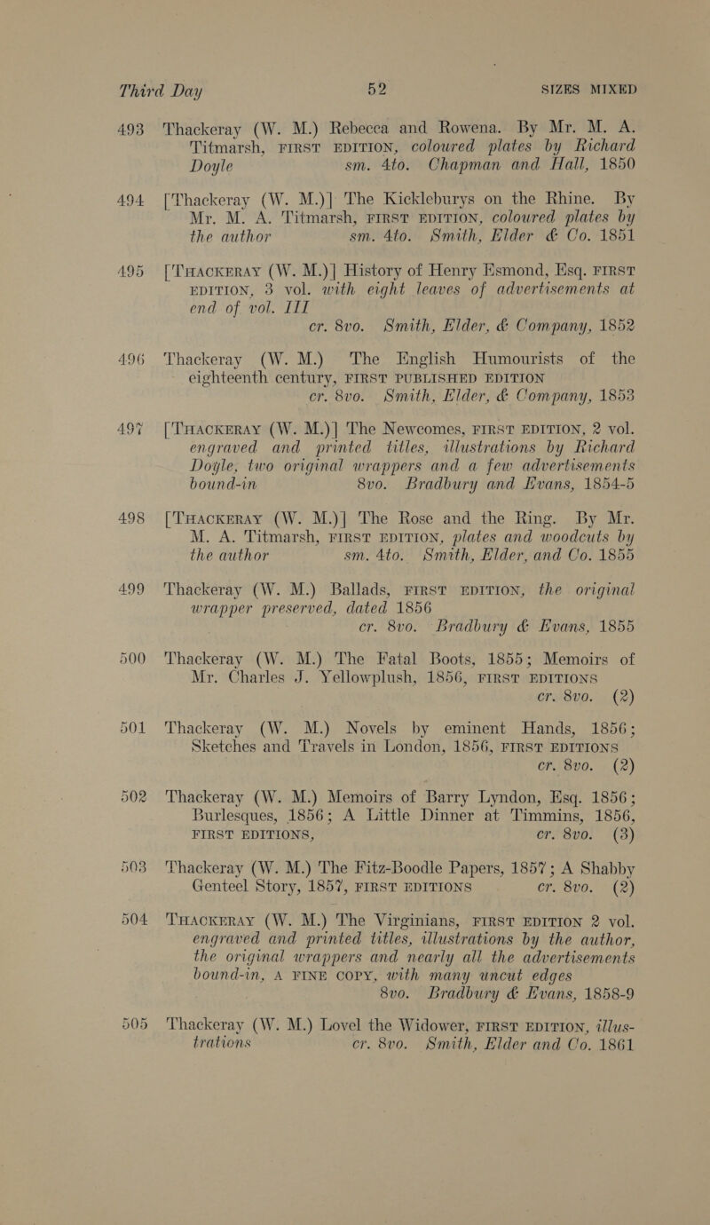 493 494 A495 4.96 499 Thackeray (W. M.) Rebecea and Rowena. By Mr. M. A. Titmarsh, FIRST EDITION, coloured plates by Richard Doyle sm. 4to. Chapman and Hall, 1850 [Thackeray (W. M.)] The Kickleburys on the Rhine. By Mr. M. A. Titmarsh, FIRST EDITION, coloured plates by the author sm. 4to. Smith, Hider &amp; Co. 1851 ['THackrray (W. M.)] History of Henry Esmond, Esq. Frrrst EDITION, 3 vol. with eight leaves of advertisements at end of vol. ILI cr. 8vo. Smith, Hider, &amp; Company, 1852 Thackeray (W. M.) The English Humourists of the eighteenth century, FIRST PUBLISHED EDITION cr. 8v0o. Smith, Hider, &amp; Company, 1853 ['Taackeray (W. M.)] The Newcomes, FIRST EDITION, 2 vol. engraved and printed titles, illustrations by Richard Doyle, two original wrappers and a few advertisements bound-in 8v0. Bradbury and Evans, 1854-5 [Tuackeray (W. M.)|] The Rose and the Ring. By Mr. M. A. Titmarsh, First EDITION, plates and woodcuts by the author sm. 4to. Smtth, Elder, and Co. 1855 Thackeray (W. M.) Ballads, First EpiTion, the original wrapper preserved, dated 1856 : cr. 8v0. Bradbury &amp; Evans, 1855 Thackeray (W. M.) The Fatal Boots, 1855; Memoirs of Mr. Charles J. Yellowplush, 1856, rrrsv EDITIONS cr. 8vo. (2) Thackeray (W. M.) Novels by eminent Hands, 1856; Sketches and ‘'ravels in London, 1856, FIRST EDITIONS cr. 8v0. (2) Thackeray (W. M.) Memoirs of Barry Lyndon, Esq. 1856 ; Burlesques, 1856; A Little Dinner at Timmins, 1856, FIRST EDITIONS, cr. 8vo. (3) Thackeray (W. M.) The Fitz-Boodle Papers, 1857; A Shabby Genteel Story, 1857, FIRST EDITIONS cr. 8vo. (2) THACKERAY (W. M.) The Virginians, FIRST EDITION 2 vol. engraved and printed titles, illustrations by the author, the original wrappers and nearly all the advertisements bound-in, A FINE copy, with many uncut edges 8vo. Bradbury &amp; Hvans, 1858-9 Thackeray (W. M.) Lovel the Widower, rirst EDITION, illus- trations cr. 8vo. Smith, Elder and Co. 1861