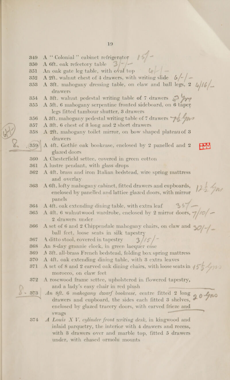 19 349 A ‘‘ Colonial” cabinet refrigerator / 9/ ~ 350 A 6ft. oak refectory table 3 /- | am 351 An oak gate leg table, with oval top ly - 352 A 2ft. walnut chest of 4 drawers, with writing slide b /- - / - : 353 A 3ft. mahogany dressing table, on claw and ball legs, 2 &amp;/l6/- drawers 354 A 3ft. walnut pedestal writing table of 7 drawers 39 Jy 355 &lt;A 5dft. 6 mahogany serpentine fronted sideboard, on 6 taper legs fitted tambour shutter, 3 drawers | 356 A 3ft. mahogany pedestal writing table of 7 drawers ~d 4n 2 | fx, 357 A 3ft. 6 chest of 3 long and 2 short drawers Ww 358 &lt;A 2ft. mahogany toilet mirror, on bow shaped plateauof 3 drawers v (359) A. 4ft. Gothie oak bookcase, enclosed by 2 panelled and 2 AY ee = glazed doors 360 &lt;A Chesterfield settee, covered in green cotton 361 A lustre pendant, with glass drops 362 &lt;A 4ft. brass and iron Italian bedstead, wire spring mattress and overlay 363 A 6ft. lofty mahogany cabinet, fitted drawers and cupboards, } p: f hoy s enclosed by panelled and lattice glazed doors, with mirror = fre panels / 364 A 4ft. oak extending dining table, with extra leaf 47 mm 365 &lt;A 4ft. 6 walnutwood wardrobe, enclosed by 2 mirror doors, VW - 2 drawers under 366 A set of 6 and 2 Chippendale mahogany chairs, on claw and uty, y - rial ball feet, loose seats in silk tapestry . 367 A ditto stool, covered in tapestry 3/15 /- 8368 An 8-day grannie clock, in green lacquer case 369 A 3ft. all-brass French bedstead, folding box spring mattress 370 &lt;A 4ft. oak extending dining table, with 3 extra leaves 371 A set of 8 and 2 carved oak dining chairs, with loose seatsin sf a ryVO morocco, on claw feet 372 &lt;A rosewood frame settee, upholstered in flowered tapestry, ' and a lady’s easy chair in red plush eS eae » 373 An 8ft. 6 mahogany dwarf bookcase, centre fitted 2 long 4 enclosed by glazed tracery doors, with carved frieze and swags a Sat Tek 374 A Louis X V. cylinder front writing desk, in kingwood and inlaid parquetry, the interior with 4 drawers and recess, with 3 drawers over and marble top, fitted 5 drawers under, with chased ormolu mounts TTR a, 