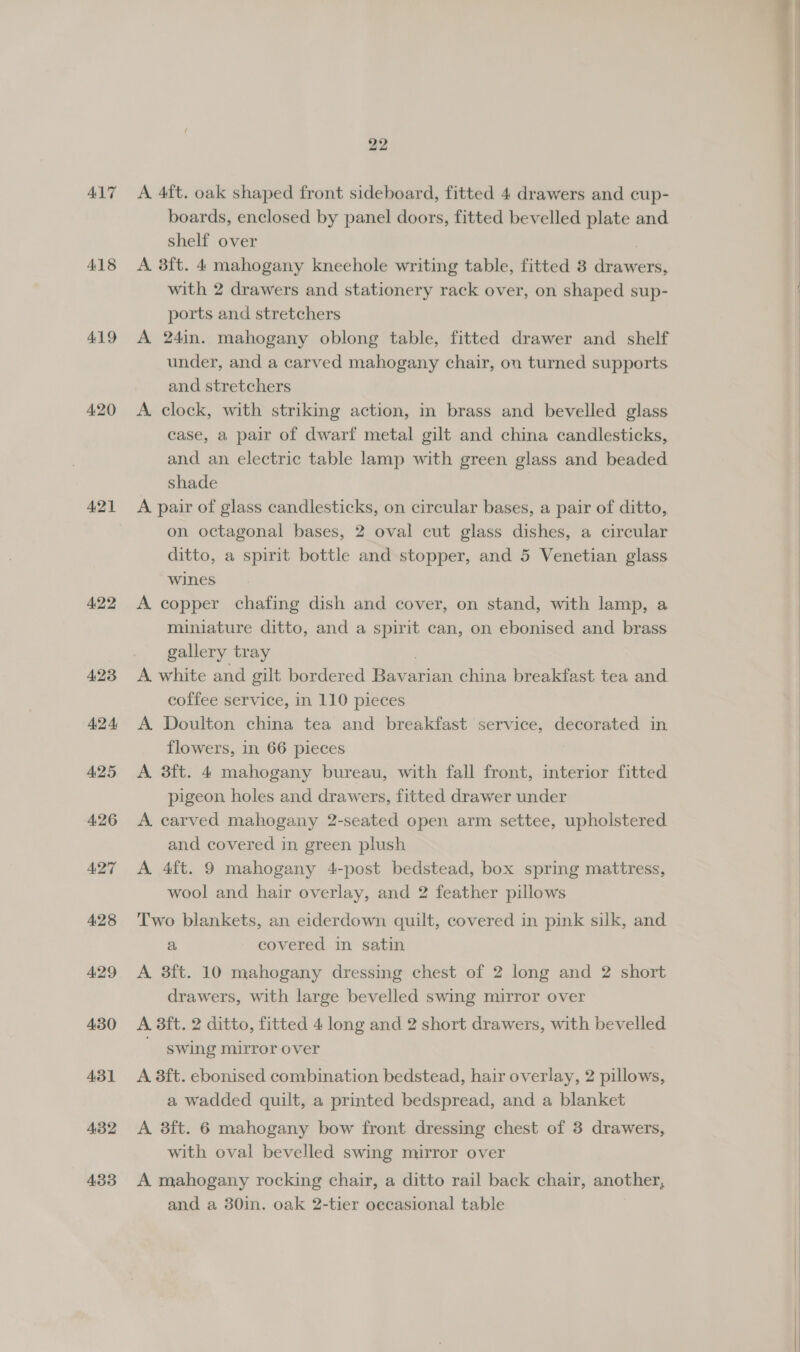 417 418 419 4.20 4.21 4.22 423 42 4 425 426 A427 4.28 429 430 431 432 433 22 A 4ft. oak shaped front sideboard, fitted 4 drawers and cup- boards, enclosed by panel doors, fitted bevelled plate and shelf over | A 3ft. 4 mahogany kneehole writing table, fitted 8 drawers, with 2 drawers and stationery rack over, on shaped sup- ports and stretchers A 24in. mahogany oblong table, fitted drawer and shelf under, and a carved mahogany chair, on turned supports and stretchers A clock, with striking action, in brass and bevelled glass case, a pair of dwarf metal gilt and china candlesticks, and an electric table lamp with green glass and beaded shade A pair of glass candlesticks, on circular bases, a pair of ditto, on octagonal bases, 2 oval cut glass dishes, a circular ditto, a spirit bottle and stopper, and 5 Venetian glass wines A copper chafing dish and cover, on stand, with lamp, a miniature ditto, and a spirit can, on ebonised and brass gallery tray A white and gilt bordered Bavarian china breakfast tea and coffee service, in 110 pieces A Doulton china tea and breakfast service, decorated in flowers, in 66 pieces A 3ft. 4 mahogany bureau, with fall front, interior fitted pigeon holes and drawers, fitted drawer under A carved mahogany 2-seated open arm settee, upholstered and covered in green plush A 4ft. 9 mahogany 4-post bedstead, box spring mattress, wool and hair overlay, and 2 feather pillows Two blankets, an eiderdown quilt, covered in pink silk, and a covered in satin A 38ft. 10 mahogany dressing chest of 2 long and 2 short drawers, with large bevelled swing mirror over A 3ft. 2 ditto, fitted 4 long and 2 short drawers, with bevelled swing mirror over A 8ft. ebonised combination bedstead, hair overlay, 2 pillows, a wadded quilt, a printed bedspread, and a blanket A 3ft. 6 mahogany bow front dressing chest of 3 drawers, with oval bevelled swing mirror over A mahogany rocking chair, a ditto rail back chair, another, and a 30in. oak 2-tier oecasional table - ne el 