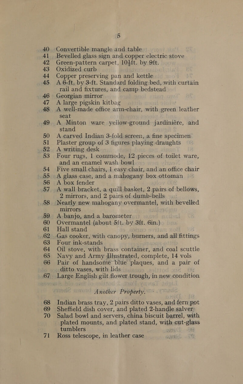 40 41 43 Ag 45 46 47 48 49 50 51 52 53 54 55 56 57 58 59 60 61 62 63 64 65 66 68 69 70 71 5 Convertible mangle and table. Bevelled glass sign and copper electric stove Green-pattern carpet, 103it. by 9ft. Oxidized curb Copper preserving pan and kettle A 6-ft. by 3-ft. Standard folding bed, with curtain rail and fixtures, and camp bedstead Georgian mirror A large pigskin kitbag A well-made office arm-chair, sate ‘green leather seat A Minton ware yeliow-ground jardiniére, and stand A carved Indian 3-fold screen, a fine specimen Plaster group of 3 figures playing draughts A writing desk Four rugs, 1 commode, 12 pieces of toilet ware, and an enamel wash bowl Five small chairs, 1 easy chair, and an office chair A box fender A wall bracket, a quill basket, 2 pairs of bellows, 2 mirrors, and 2 pairs of dumb-bells . - mirrors A banjo, and a barometer Overmantel (about 5ft. by 3ft. Gin.) Hall stand Four ink-stands Oil stove, with brass container, and coal scuttle Navy and Army Illustrated, complete, 14 vols Pair of handsome’ blue plaques, and a pair of ditto vases, with lids Large English gilt flower trough, in new condition Another Pyispirhy! Indian brass tray, 2 pairs ditto vases, and fern pot Sheffield dish cover, and plated 2-handle salver: Salad bowl and servers, china biscuit barrel, with plated mounts, and plated stand, Wile cut- “eps tumblers : 4 Ross telescope, in leather case
