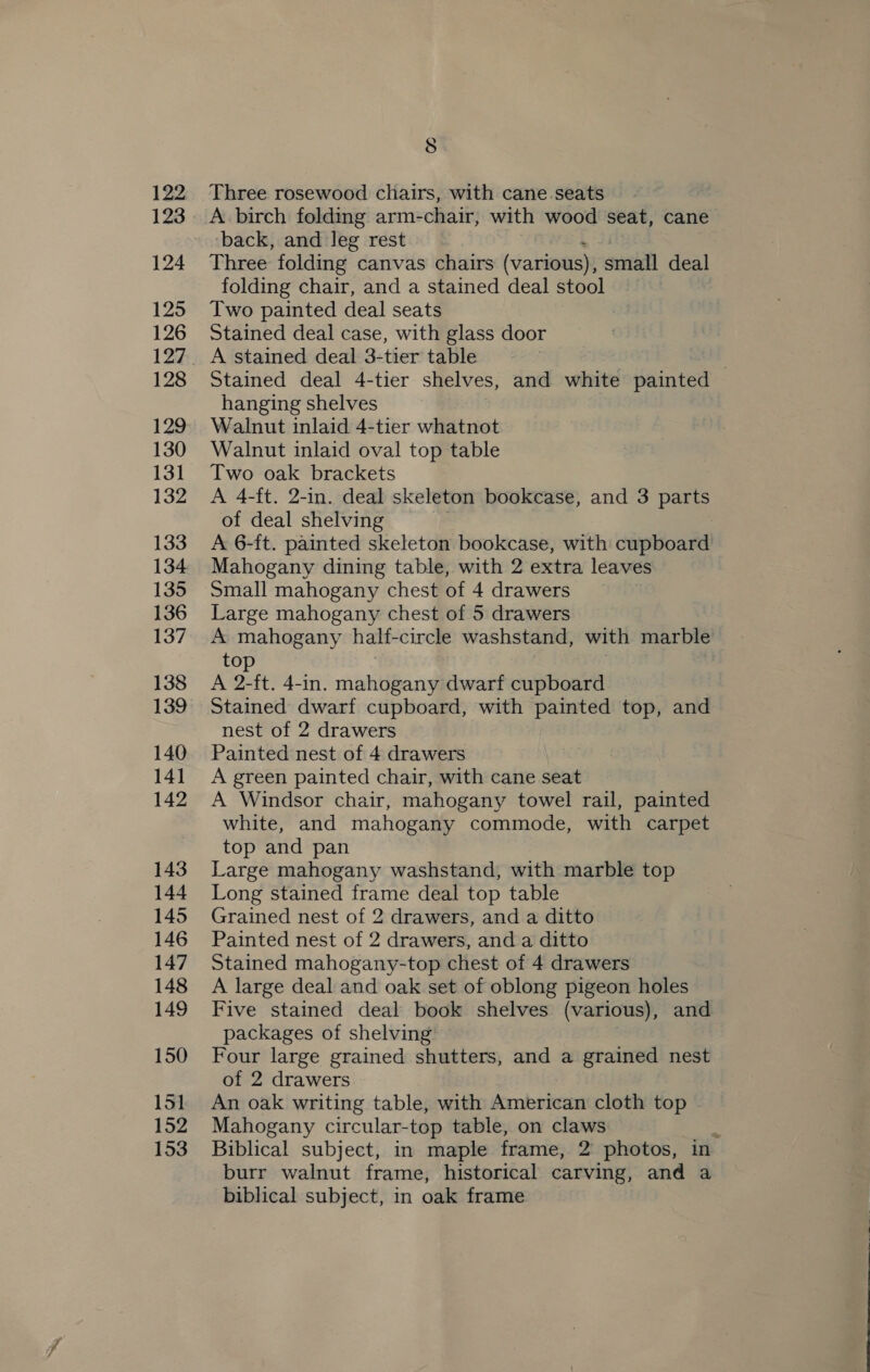 122 124 125 126 128 129 130 131 132 133 134 135 136 137 138 139 140 141 142 143 144 145 146 147 148 149 150 151 152 153 8 Three rosewood chairs, with cane. seats A birch folding arm-chair, with wood seat, cane back, and leg rest Three folding canvas chairs (various), small deal folding chair, and a stained deal stool Two painted deal seats Stained deal case, with glass door A stained deal 3-tier table . Stained deal 4-tier shelves, and white painted hanging shelves Walnut inlaid 4-tier whatnot Walnut inlaid oval top table Two oak brackets A 4-ft. 2-in. deal skeleton bookcase, and 3 parts of deal shelving A 6-ft. painted skeleton bookcase, with cupboard Mahogany dining table, with 2 extra leaves Small mahogany chest of 4 drawers Large mahogany chest of 5 drawers A mahogany halt- circle washstand, with marble top A 2-ft. 4-in. mahogany dwarf cupboard Stained dwarf cupboard, with painted top, and nest of 2 drawers Painted nest of 4 drawers A green painted chair, with cane seat A Windsor chair, mahogany towel rail, painted white, and mahogany commode, with carpet top and pan Large mahogany washstand, with marble top Long stained frame deal top table Grained nest of 2 drawers, and a ditto Painted nest of 2 drawers, and a ditto Stained mahogany-top chest of 4 drawers A large deal and oak set of oblong pigeon holes Five stained deal book shelves (various), and packages of shelving’ Four large grained shutters, and a grained nest of 2 drawers An oak writing table, with American cloth top - Mahogany circular-top table, on claws Biblical subject, in maple frame, 2 photos, in burr walnut frame, historical carving, and a biblical subject, in oak frame