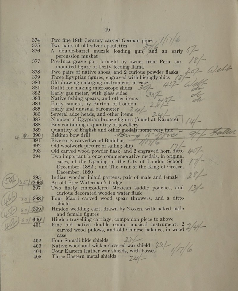  Two fine 18th Century carved German pipes ///7/é Two pairs of old silver epaulettes oA Z fF A double-barrel muzzle loading gun, and an early OA percussion musket re a Pre-Inca grave pot, brought by owner from Peru, sur- /¢/~ | mounted figure of Deity feeding llama 2. ay lof Two pairs of native shoes, and 2 curious powder flasks Ot Three Egyptian figures, engraved with hieroglyphics /2— Old drawing enlarging instrument, in case_, LS2L~ 440 P- Outfit for making microscope slides .2@/— ee she Early gas meter, with glass sides of Fr ot Native fishing spears, and other items ‘By yal ole Early camera, by Burton, of London Early and unusual barometer Z2Es/ , Several adze heads, and other items * 2 bf foe am Number of Egyptian bronze figures (found at tout Box containing a quantity of jewellery Quantity of English and other medals;-sonre-very-fine~ =  Eskimo bow drill Hire co #/ fe ee i/o Five early carved wood Buddhas: ett a aT {SCL Old woolwork picture of sailing ship ““ ““ ~ CF fuk Old carved wood powder flask, and 2 engraved horn ditto bt {— Two important bronze commemorative medals, in original cases, of the Opening of the City of London School, / ° December, 1882; and The Visit of the King of Greece, December, 1880 s Indian wooden inlaid pattens, pair of male andtemale — An old Free Waterman’s badge 2 Two finely embroidered Mexican saddle pouches, and / %- curious decorated wooden water flask Four Maori carved wood spear throwers, and a ditto shield Hindoo wedding cart, drawn by 2 oxen, with naked male and female figures Hindoo travelling carriage, companion piece to above hist Fine old native double comb, musical instrument, 2 ~. log - carved wood pillows, and old Chinese balance, in wood “% © case ay Four Somali hide shields 28/— Native wood and wicker foveredh war shield 72 ee Four Eastern leather war shields, a bosses ah. 4 / @ Three Eastern metal shields yy he ‘