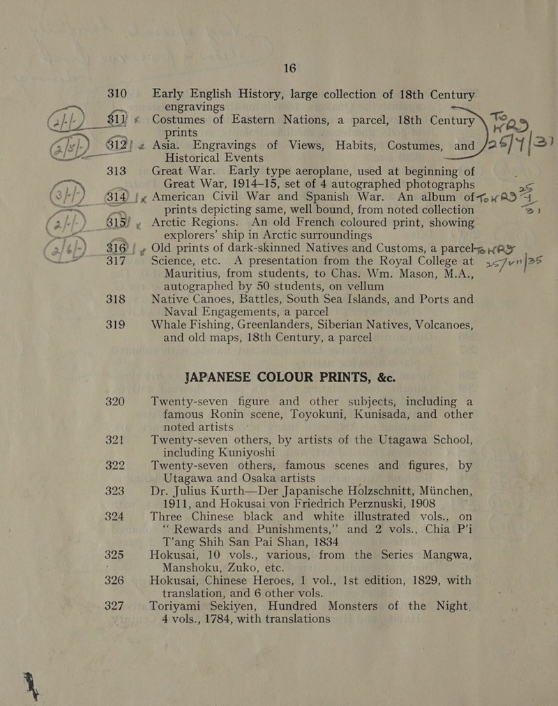 318 319 oe = 16 Early English History, large collection of 18th Century engravings Costumes of Eastern Nations, a parcel, 18th Century Fas Historical Events Great War. Early type aeroplane, used at beginning of Great War, 1914-15, set of 4 autographed photographs 2S 4 prints depicting same, well bound, from noted collection 3. Arctic Regions. An old French coloured print, showing explorers’ ship in Arctic surroundings Old prints of dark-skinned Natives and Customs, a parcel-~ “wR Science, etc. A presentation from the Royal College at &gt;=]v aa Mauritius, from students, to Chas. Wm. Mason, M.A., autographed by 50 students, on vellum Native Canoes, Battles, South Sea Islands, and Ports and Naval Engagements, a parcel Whale Fishing, Greenlanders, Siberian Natives, Volcanoes, and old maps, 18th Century, a parcel J JAPANESE COLOUR PRINTS, &amp;c. Twenty-seven figure and other subjects, including a famous Ronin scene, Toyokuni, Kunisada, and other noted artists Twenty-seven others, by artists of the Utagawa School, including Kuniyoshi Twenty-seven others, famous scenes and figures, by Utagawa and Osaka artists Dr. Julius Kurth—Der Japanische Holzschnitt, Miinchen, 1911, and Hokusai von Friedrich Perznuski, 1908 Three Chinese black and white illustrated vols., on “Rewards and Punishments,’’ and 2 vols., Chia P’i T’ang Shih San Pai Shan, 1834 Hokusai, 10 vols., various, from the Series Mangwa, Manshoku, Zuko, etc. Hokusai, Chinese Heroes, 1 vol., Ist edition, 1829, with translation, and 6 other vols. Toriyami Sekiyen, Hundred Monsters of the Night,