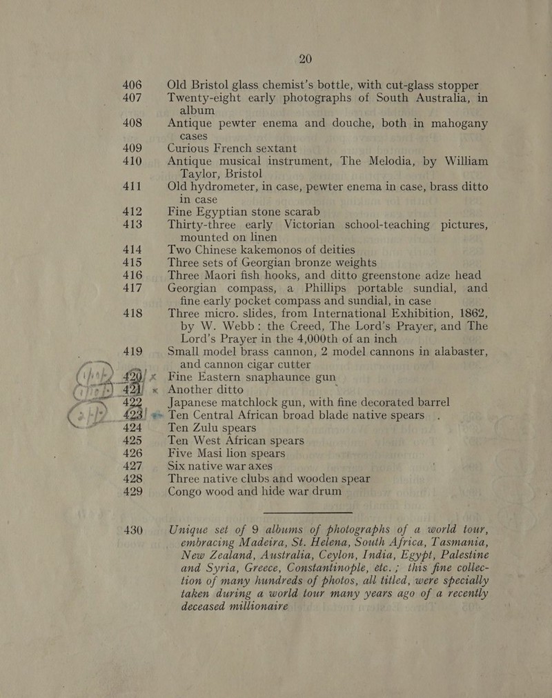 Old Bristol glass chemist’s bottle, with cut-glass sore Twenty-eight early photographs of South Australia, i album Antique pewter enema and douche, both in Sega cases Curious French sextant Antique musical instrument, The Melodia, by William Taylor, Bristol Old hydrometer, in case, pewter enema in case, brass ditto in case Fine Egyptian stone scarab Thirty-three early Victorian school-teaching pictures, mounted on linen Two Chinese kakemonos of deities Three sets of Georgian bronze weights Three Maori fish hooks, and ditto greenstone adze head Georgian compass, a Phillips portable sundial, and fine early pocket compass and sundial, in case Three micro. slides, from International Exhibition, 1862, by W. Webb: the Creed, The Lord’s Prayer, and The Lord’s Prayer in the 4,000th of an inch Small model brass cannon, 2 model cannons in alabaster, and cannon cigar cutter Fine Eastern snaphaunce gun Another ditto Japanese matchlock gun, with fine decorated barrel Ten Central African broad blade native spears Ten Zulu spears Ten West African spears Five Masi lion spears Six native war axes Three native clubs and wooden spear Congo wood and hide war drum Unique set of 9 albums of photographs of a world tour, embracing Madeira, St. Helena, South Africa, Tasmania, New Zealand, Australia, Ceylon, India, Egypt, Palestine and Syria, Greece, Constantinople, etc. ; this fine collec- tion of many hundreds of photos, all titled, were specially taken during a world tour many years ago of a recently deceased millionaire