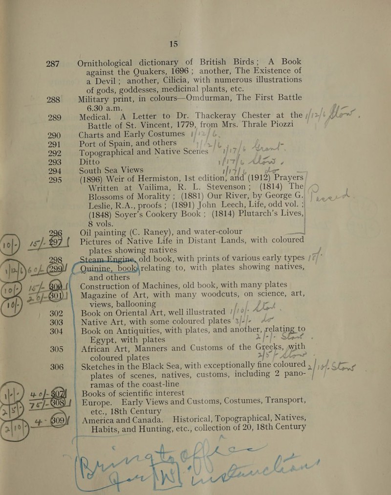 287 Ornithological dictionary of British Birds; A Book against the Quakers, 1696; another, The Existence of a Devil; another, Cilicia, with numerous illustrations of gods, goddesses, medicinal plants, etc. 288 Military print, in colours—Omdurman, The First Battle 6.30 a.m. : a |? 289 Medical. A Letter to Dr. Thackeray Chester at the ///&gt;/* ier , Battle of St. Vincent, 1779, from Mrs. Thrale Piozzi 290 Charts and Early Costumes | 291 Port of Spain, and others a | dy | 292 Topographical and Native Scenes / 1/!7/° “Y\«™ 293 Ditto t hile ALO 294 South Sea Views Whale vee ! 295 (1896) Weir of Hermiston, Ist edition, and (1912) Prayers Written at Vailima, R. L. Stevenson; (1814) The &gt; Blossoms of Morality ; (1881) Our River, by George G. |). Leslie, R.A., proofs ; (1891) John Leech, Life, odd vol. ; ? (1848) Soyer’s Cookery Book ; (1814) Plutarch’s Lives, 8 vols. . 296 Oil painting (C. Raney), and water-colour uel IS]. Ly, Pictures of Native Life in Distant Lands, with coloured plates showing natives ine, old book, with prints of various early types //)° relating to, with plates showing natives,        and others Construction of Machines, old book, with many plates Magazine of Art, with many woodcuts, on science, art, views, ballooning F Jie) Book on Oriental Art, well illustrated ///2/° #7? Native Art, with some coloured plates 3/-/- #@ Book on Antiquities, with plates, and another, relating to Egypt, with plates 2 [ej&gt; rhaek African Art, Manners and Customs of the ites with coloured plates HS i KAgor : 306 Sketches in the Black Sea, with exceptionally fine coloured , | 4, Che plates of scenes, natives, customs, including 2 pano- | ati) ramas of the coast-line Books of scientific interest Europe. Early Views and Customs, Costumes, Transport, etc., 18th Century America and Canada. Historical, Topographical, Natives, Habits, and Hunting, etc., collection of 20, 18th Century ‘ fr tat at  vy 