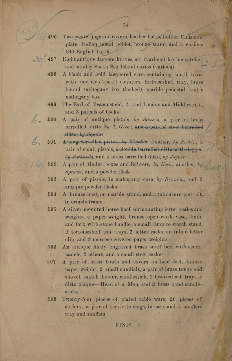    496 498 499 500 501 503 504 508 pocorn,   Two pewtér jugs and covers, leather bottle holder, Cléisoniteen i. plate, Indian_nretal goblet, bronze’ stand, and a curious ~ 4 y Old English bottle te Eight antique daggers, knives, etc. (various), leather satchel, x and sundry South Sea Island curios (various) A black and gold lacquered case, containing small boxes with mother-o’-pearl counters, tortoiseshell tray, brass bound mahogany box (locked), marble pedestal, and a mahogany box | The Earl of Beaconsfield, 2; and London and Middlesex oe and 3 parcels of books A pair of antique pistols, by Stevens, a pair of brass barrelled ditto, by 7. Green, amd sa~paiolsteelbarceled ff A-long-harveHed-pistol,ly—Iegdon, another, by Probin, a a : pair of small pistols, a-double-barreled<dotte-with-dagger, cm by.Jtechavds, and a brass barrelled ditto, by Joyner 4 = ey A pair of tinder boxes and lhghters, by Nock, another, by Ab 4, Spencer, and a powder flask eo ie A pair of pistols, in mahogany case, by Brunton, and antique powder flasks -A bronze bust, on marble stand, and a miniature portrait, in ormolu frame A silver-mounted horse hoof surmounting letter scales and weights, a paper weight, bronze open-work vase, knife and fork with stone handle, a small Empire watch stand, tortoiseshell ash trays, 2 letter racks, an inlaid letter clip, and 2 morocco covered paper weights | ve An antique finely engraved brass snuff box, with secret — panels, 2 others, and a small steel casket hi A pair of brass bowls and covers on hoof feet, bronze paper weight, 2 small sundials, a pair of brass tongs and shovel, match holder, candlestick, 2 bronzed ash trays, a ditto plaque—Head of a Man, and 2 brass hand candle- sticks Twenty-four ‘pieces of plated table ware, 26. pieces of cutlery, a pair of serviette rings, in case, and a snuffers”  F tray and snuffers FINIS. 