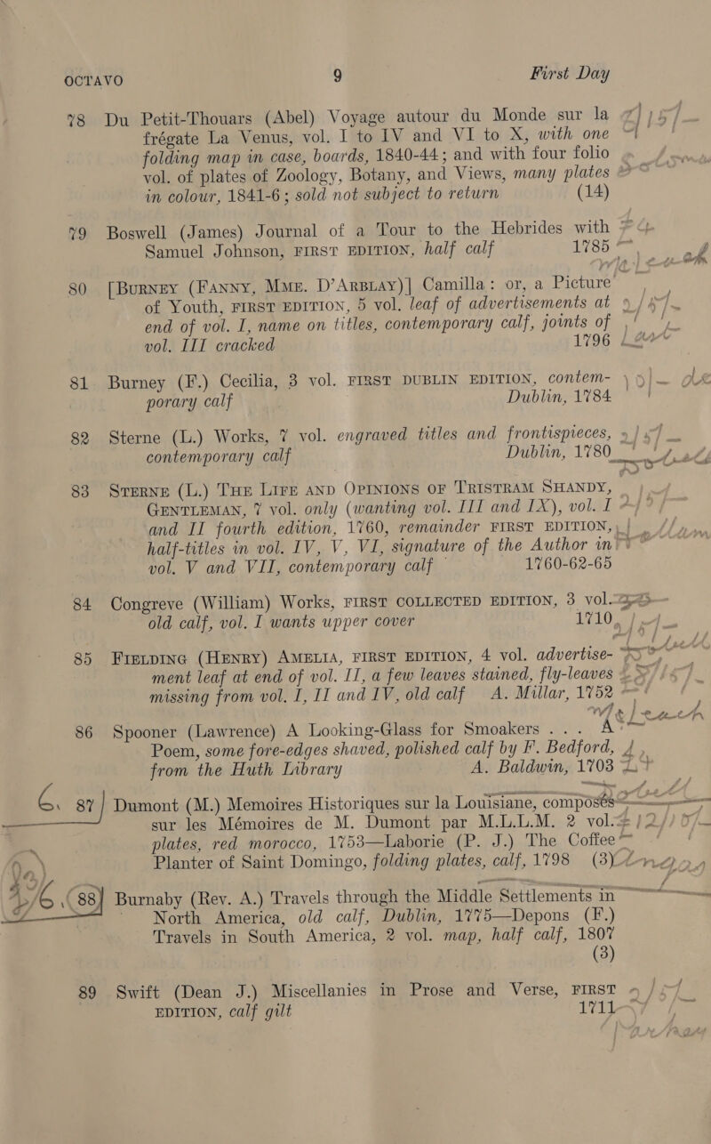 ¥8 Du Petit-Thouars (Abel) Voyage autour du Monde sur la 7) ) 5) frégate La Venus, vol. I to IV and VI to X, with one “I - folding map in case, boards, 1840-44; and with four folio . vol. of plates of Zoology, Botany, and Views, many plates Br? in colour, 1841-6; sold not subject to return (14) 79 Boswell (James) Journal of a Tour to the Hebrides with > 4 Samuel Johnson, FIRST EDITION, half calf HSL iag ae © Ps 80 [Burney (Fanny, Mme. D’Arsiay)| Camilla: or, a Picture of Youth, First EDITION, 5 vol. leaf of advertisements at 9 / 4” end of vol. I, name on titles, contemporary calf, JOUNLS: Of tgs vol. IIT cracked 1796 Lae 81 Burney (F.) Cecilia, 3 vol. FIRST DUBLIN EDITION, contem- \5|_ ge porary calf Dublin, 1784 — 82 Sterne (L.) Works, 7 vol. engraved titles and frontispteces, 5] x7 contemporary calf Dublin, 17 80 ne 83 Srerne (L.) THe Lire aNp OPINIONS OF TRISTRAM SHANDY, GENTLEMAN, 7 vol. only (wanting vol. III and IX), vol. I) and II fourth edition, 1760, remainder FIRST EDITION,) | half-titles in vol. IV, V, VI, signature of the Author im T° vol. V and VII, contemporary calf 1760-62-65 84 Congreve (William) Works, FIRST COLLECTED EDITION, 3 vol.a=> old calf, vol. I wants upper cover oli) ee oe 85 Frevpine (HENRY) AMELIA, FIRST EDITION, 4 vol. advertise- aye saree: ment leaf at end of vol. II, a few leaves stained, fly-leaves > missing from vol. I, II and IV, old calf A. Millar, 1752 ~ wW), a} Oe oh 86 Spooner (Lawrence) A Looking-Glass for Smoakers ... A’™ a Poem, some fore-edges shaved, polished calf by F. Bedford, 4 , from the Huth Library A. Baldwin, 1703 2a ‘2 8Y Dumont (M.) Memoires Historiques sur la Louisiane, composts sur les Mémoires de M. Dumont par M.L.L.M. 2 vol. /2// 0/— plates, red morocco, 1753—Laborie (P. J.) The Coffee ™ ' Planter of Saint Domingo, folding plates, calf, 1798 (3-22, fy  Ul ¢ \ AG \( 88} Burnaby (Rev. A.) Travels through the Middle Settlements Tae — North America, old calf, Dublin, 1775—Depons (F.) Travels in South America, 2 vol. map, half calf, 1807 (3) 89 Swift (Dean J.) Miscellanies in Prose and Verse, FIRST + /. EDITION, calf gilt ga ee Se 0