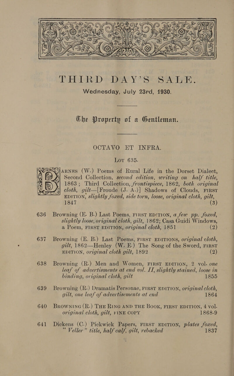  be D TRAY S* SA rear. Wednesday, July 28rd, 19380. Ghe Property of a Gentleman. OCTAVO ET INFRA. Lor 635. ENO] annus (W.) Poems of Rural Life in the Dorset Dialect, &amp; 47 Second Collection, second edition, writing on half title, af 1863; Third Collection, /rontispiece, 1862, both original | cloth, gilt—|Froude (J. A.)] Shadows of Clouds, FIRST EDITION, slightly foxed, side torn, loose, original cloth, gilt, 1847 a    slightly loose, original cloth, gilt, 1862; Casa Guidi Windows, a Poem, FIRST EDITION, original cloth, 1851 (2) 637 Browning (E. B.) Last’ Poems, FIRST EDITIONS, original cloth, gilt, 1862—Henley (W. E.) The Song of the Sword, FIRST EDITION, original cloth gilt, 1892 (2) 638 Browning (R.) Men and Women, FIRST EDITION, 2 vol. one leaf of advertisments at end vol. II, slightly stained, loose in binding, original cloth, gilt 1855 639 Browning (R-) Dramatis Personae, FIRST EDITION, original cloth, gilt, one leaf of advertisements at end 1864 640 BrowninG(R.) THE RING AND THE BOOK, FIRST EDITION, 4 vol. original cloth, gilt, ¥\NE COPY 1868-9 641 Dickens (C.) Pickwick Papers, FIRST EDITION, plates fowed,