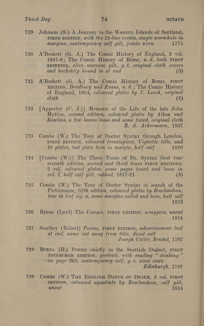 719 720 t21 122 123 024 725 726 127 028 129 Johnson (S.) A Journey to the Western Islands of Scotland, FIRST EDITION, with the 12-line errata, single wormhole im margins, contemporary calf gilt, joints worn 1775 A’Beckett (G. A.) The Comic History of England, 2 vol. 1847-8; The Comic History of Rome, n.d. both FIRST EDITIONS, olive morocco gilt, g.t. original cloth covers and backstrip bound wm at end (3) A’Beckett (G. A.) The Comic History of Rome, FIRST EDITION, Bradbury and Evans, n. d.; The Comic History of England, 1864, coloured plates by J. Leech, original cloth (2) [Apperley (C. J.)| Memoirs of the Life of the late John Mytton, second edition, coloured plates by Alken and Rawlins, a few leaves loose and some foxed, original cloth R. A. Ackermann, 183% Combe (W.) The Tour of Doctor Syntax through London, FIRST EDITION, coloured frontispiece, Vignette title, and 18 plates, last plate torn in margin, half calf 1820 [Combe (W.)| The Three Tours of Dr. Syntax first tour seventh edition, second and third tours FIRST EDITIONS, 3 vol. coloured plates, some pages foxed and loose wn vol. I, half calf gilt, rubbed, 1817-21 (3) Combe (W.) The Tour of Doctor Syntax in search of the Picturesque, fifth edition, coloured plates by Rowlandson, tear in leaf sig. 0, some margins soiled and torn, half calf 1813 Byron (Lord) The Corsair, FIRST EDITION, wrappers, uncut 1814 Southey (Robert) Poems, FIRST EDITION, advertisement leaf at end, name cut away from title, diced calf Joseph Cottle, Bristol, 1797 Burns (R.) Poems chiefly in the Scottish Dialect, FIRST EDINBURGH EDITION, portrait, with reading “ stinking ” on page 263, contemporary calf, g.e. FINE COPY Edinburgh, 1787 Combe (W.) THE EneLisH DANCE oF DEATH, 2 vol. FIRST EDITION, coloured aquatints by Rowlandson, calf gilt, uncut 1815