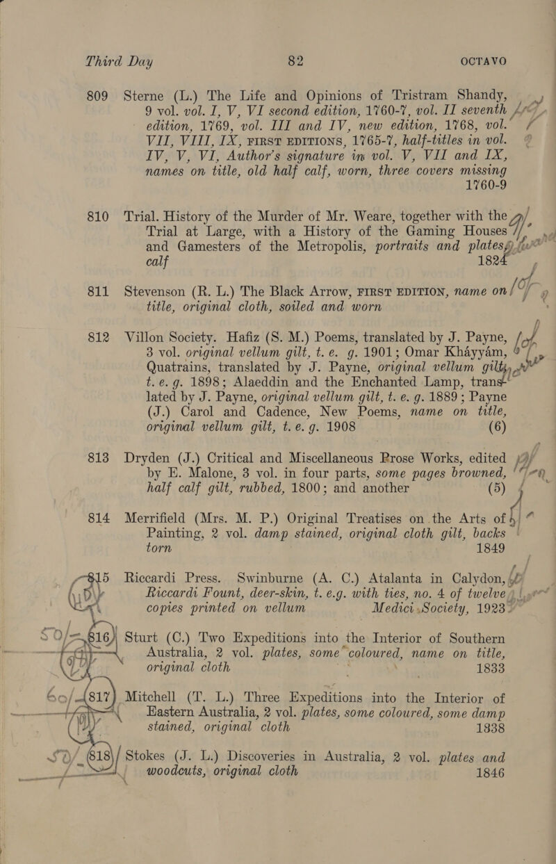 809 Sterne (L.) The Life and Opinions of Tristram Shandy, DY 9 vol. vol. I, V, VI second edition, 1760-7, vol. II seventh A 4 edition, 1769, ‘vol. II and IV, new edition, 1768, vol.’ y; VII, VIII, Fx) FIRST EDITIONS, 1765-7, half- titles in vol. LVN, Vi, Author's signature im vol. V, VII and IX, names on title, old half calf, worn, three covers missing 1760-9 810 ‘Trial. History of the Murder of Mr. Weare, together with the Gy. Trial at Large, with a History of the Gaming Houses a and Gamesters of the Metropolis, portraits and plates fe calf 1824 811 Stevenson (R. L.) The Black Arrow, FIRST EDITION, name on {9 ie title, original cloth, soiled and worn f} 812 Villon Society. Hafiz (S. M.) Poems, translated by J. Payne, if 3 vol. original vellum gilt, t.e. g. 1901; Omar Khayyam, 9 / Quatrains, translated by J. Payne, original vellum gi t. e.g. 1898; Alaeddin and the Enchanted Lamp, tran te lated by J. Payne, original vellum gilt, t. e. g. 1889; Payne (J.) Carol and Cadence, New Poems, name on tile, original vellum gilt, t. e.g. 1908 (6) 813 Dryden (J.) Critical and Miscellaneous Rrose Works, edited )/ by E. Malone, 3 vol. in four parts, some pages browned, ' ®. half calf gilt, rubbed, 1800; and another (5) 4 814 Merrifield (Mrs. M. P.) Original Treatises on the Arts ofl a Painting, 2 vol. damp stained, original cloth gilt, backs ° torn 1849 ein Riccardi Press. Swinburne op C.) Atalanta in Calydon, fof \} Riccardi Fount, deer-skin, t. e.g. with ties, no. 4 of twelve) |... copies printed on vellum | Medici. Society, 1923. — Australia, 2 vol. ee some “coloured, name on Ais: original cloth 1833 17} Mitchell (T. L.) Three Expeditions into the Interior of Hastern Australia, 2 vol. plates, some coloured, some damp stained, original cloth 1838  Stokes (J. L.) Discoveries in Australia, 2 vol. plates and woodcuts, original cloth 1846