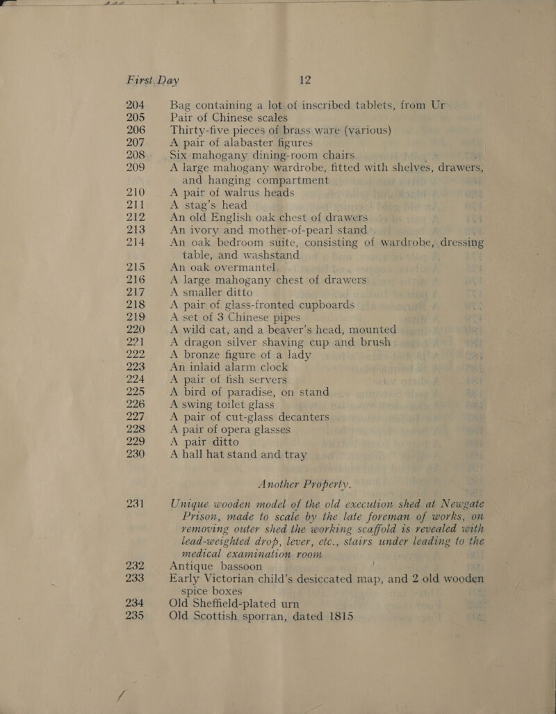   First, Day 12 204 Bag containing a lot of inscribed tablets, from Ur 205 Pair of Chinese scales 206 Thirty-five pieces of brass ware (various) 207 A pair of alabaster figures 208... Six mahogany dining-room chairs A Dee. A large mahogany wardrobe, fitted with shelves, drawers and hanging compartment | 210 A pair of walre us heads 211 A stag’s head 242 An old English oak chest of dr awers 213 An ivory and mother-of-pearl stand. 214 An oak bedroom suite, consisting of wardrobe,. dressing table, and w ashstand 215 An oak overmantel 216 A large mahogany chest of drawers 217 A smaller ditto 218 A pair of glass-fronted cupboards 219 A set of 3 Chinese pipes 220 A wild cat, and a beaver’s head, mounted 221 A dragon silver shaving cup and brush_ 222 A bronze figure of a lady 223 An inlaid alarm clock 224 A pair of fish servers 225 A bird of paradise, on stand 226 A swing toilet glass ane A pair of cut-glass decanters 228 A pair of opera glasses 229 A pair ditto 230 A hall hat stand and tray Another Property. 231 Unique. wooden model of the old execution shed at Newgate Prison, made to scale by the late foreman of works, on removing outer shed the working scaffold is revealed with lead-weighted drop, lever, etc., stairs under leading to the medical examination room 232 Antique bassoon 233 Early Victorian child’s desiccated map, and 2 old wooden spice boxes 234 Old Sheffield-plated urn