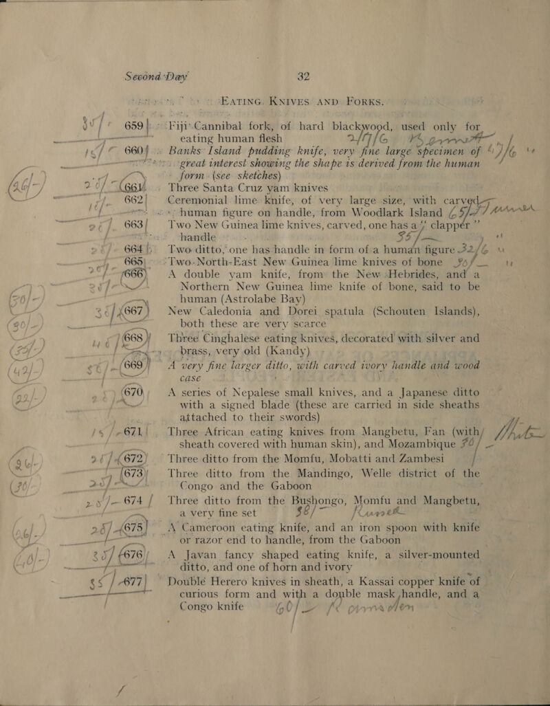 2d as oe | oy ¥ 32 ATEN GS KNIVES AND rpbicin’ pf G ¥S p22 re, ine large Specimen of ¢ i), Do great interest showing the shape 1s derived from the human ¢ form. (see. sketches) ‘Hives Santa Cruz yam knives eating human flesh human figure on handle, from Woodlark Island 65 Two New Guinea lime kniv es, carved, one has a “ handle -:..- . ‘ SS fost Two ditto, one has handle in form of a human haecure 32f 6 u POP Lok tek A double yam knife, fram: the New »Hebrides, and a Northern New Guinea lime knife of bone, said to be human (Astrolabe Bay) New Caledonia and Dorei spatula (Schouten Islands), both these are very scarce Three Cinghalese eating knives, decorated with silver and brass, very old (Kandy) “clapper CASE : } A series of Nepalese shall knives, and a Japanese ditto with a signed blade (these are carried in side sheaths attached to their swords) Three African eating knives. from Mangbetu, Fan ( | Mh, Ans sheath covered with human skin), and Mozambique # | - Congo and the Gaboon Three ditto from the Bushongo, Momfu and |] Mangbetu, a very fine set o6/ = K raves or razor end to handle, from the Gaboon ditto, and one of horn and ivory curious form and with a ohn Nad mask ,handle, and a Congo knife G0} Ss My eax Aen