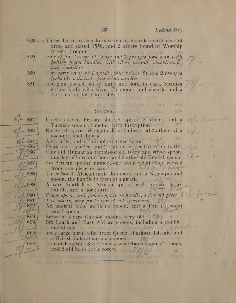  o    33 Second Tan arms and dated 1550, and 2 others found at W sae Street, London Pair of fine George IT. kntfe and 2 _pronged forl k bath Delft pottery pistol jiandles, with silver mounts, exceptionally fine condition Very early set of old English eating Rnives (5), and 2 2- Crees forks (4), with ivory pistol- butt handles. Lapp eating g knife and : S heath EE SOHOGIN Stee i cz Finely carved Persian sherbet spoon, 2 others, and : Turkish spoon of metal, with inscription». a Rare shell spoon, Wangata, East Indies, and 2 others with coco-nut shell bowls ee: yee Ainu Jadle, and a Philippine carved | spoon Fine old Hungarian tortoise-shell, ivory and silver spoon, another of hor nand bone, and 3 other old English spoons Six African spoons, named, one has a oe7 S ‘chain carved from one piece of wood | Three South African milk skimmers, and a ‘Namaqualand spoon, the handle in form of a giraffe. Ads ¥ handle, and a horn ditto che | Congo spoon, with female figure on handle, a ie old piece An ancient bone medicine spoon, and a vs oppo) wood spoon FO, — Series of 4 rare Gaboon spoons, very old ©) 2%, Six South and East ieee &amp; spoons, including a double- ended one | FO foe ‘ a British Columbian horn spoon. 30) 1 Pair of English 18th Century whalebone sugar (2) tongs, and 2 old bone apple corers MOA Gx vy 