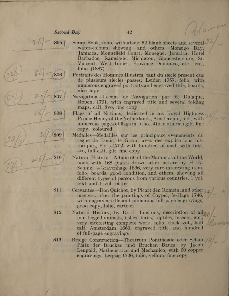 = ———————SS=—=—— Ss OS -    Second Day 42 Ol 805 [ _ Scrap-Book, folio, with about 52 blank sheets and several’ ~/ _ ae | tin) water-colours showing, and others, Monsigo Bay, / Jamaica, Mountfield Court, Monegue, Jamaica, Hotel Barbados, Ramslade, Michleton, Gloucestershire, St. Vincent, West Indies, Province Dominico, etc., etc., folio (1887) ¥ ©} —-806| — Portraits des Hommes Illustrés, tant du siecle present que oe a: fv Par yi de plusieurs siecles passes, Leiden 1757, folio, with numerous engraved portraits and engraved title, boards, dt gerks nice copy y C/ ~( 807, Navigation—Lecons de Navigation par M. Dulaque, ea Rouen, 1791, with engraved title and several folding maps, calf, 8vo, fine copy . /s/,- 8084 Flags of all Nations, dedicated in his Royal Highness . » it Prince Henry of the Netherlands, Amsterdam, n.d., with ~ numerous pages of flags in litho., 4to, cloth rich gilt, fine } se copy, coloured -«/,/809} Medailes—Medailles sur les principaux evenements du [een regne de Louis de Grand avec des explications his- toriques, Paris 1702, with hundred of med. with text, 4to, full calf, gilt, fine copy | _/(810/ Natural History—Album of all the Mammals of the World, Steg aia A book with 168 plates drawn after nature by H. RK. s/s eek Schinz, ’s-Gravenhage 1836, very rare interesting item, etl folio, boards, good condition, and others, showing all different types of persons from various countries, 1 vol. text and 1 vol. plates SLL. Cervantes—Don Quichot, by Picart den Romein, and other » a/ hn masters, after the paintings of Coypel, ’s-Hage 1746, /~ with engraved title and numerous full-page engravings, good copy, folio, cartoon . four-legged animals, fishes, birds, reptiles, insects, etc., “~/ = very interesting complete work, folio, thick vol., half (//7.s@ calf, Amsterdam 1660, engraved title and hundred of full-page engravings : ) 813 Bridge Construction—Theatrum Pontificiale oder Schau /o/ Platz der Brucken und Brucken Baues, by Jacob Leupold, Mathematico und Mechanico, with 60 copper engravings, Leipzig 1726, folio, vellum, fine copy 