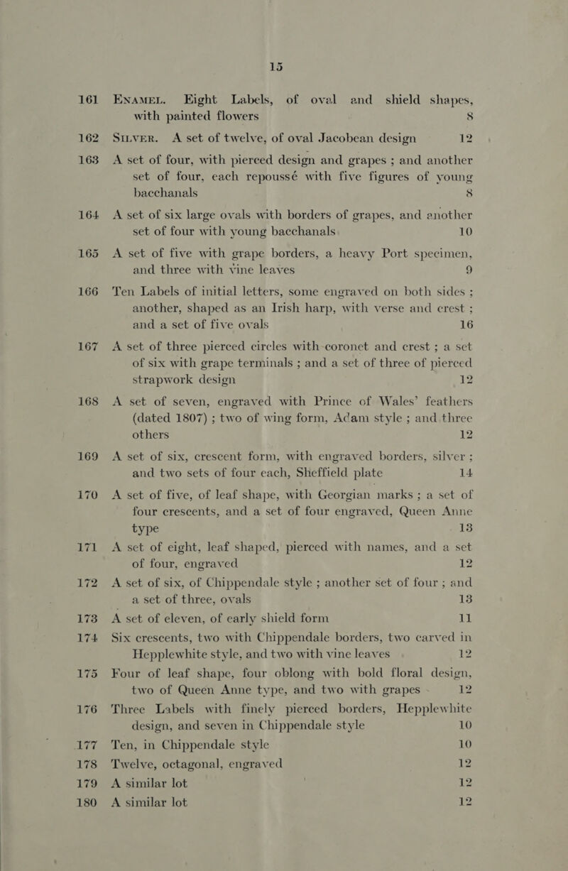 161 162 163 164 165 166 167 168 15 EnamMeL. Eight Labels, of oval and_ shield shapes, with painted flowers 8 SItvER. A set of twelve, of oval Jacobean design 12 A set of four, with pierced design and grapes ; and another set of four, each repoussé with five figures of young bacchanals 8 A set of six large ovals with borders of grapes, and another set of four with young bacchanals 10 A set of five with grape borders, a heavy Port specimen, and three with vine leaves 9 Ten Labels of initial letters, some engraved on both sides ; another, shaped as an Irish harp, with verse and crest ; and a set of five ovals 16 A set of three pierced circles with-coronet and crest ; a set of six with grape terminals ; and a set of three of pierced strapwork design 12 A set of seven, engraved with Prince of Wales’ feathers (dated 1807) ; two of wing form, Adam style ; and three others 12 A set of six, crescent form, with engraved borders, silver ; and two sets of four each, Sheffield plate 14 A set of five, of leaf shape, with Georgian marks ; a set of four crescents, and a set of four engraved, Queen Anne type 13 A set of eight, leaf shaped, pierced with names, and a set of four, engraved 12 A set of six, of Chippendale style ; another set of four ; and a set of three, ovals 13 A set of eleven, of early shield form 11 Six crescents, two with Chippendale borders, two carved in Hepplewhite style, and two with vine leaves 12 Four of leaf shape, four oblong with bold floral design, two of Queen Anne type, and two with grapes 12 Three Labels with finely pierced borders, Hepplewhite design, and seven in Chippendale style 10 Ten, in Chippendale style 10 Twelve, octagonal, engraved 12 A similar lot 12 A similar lot 12