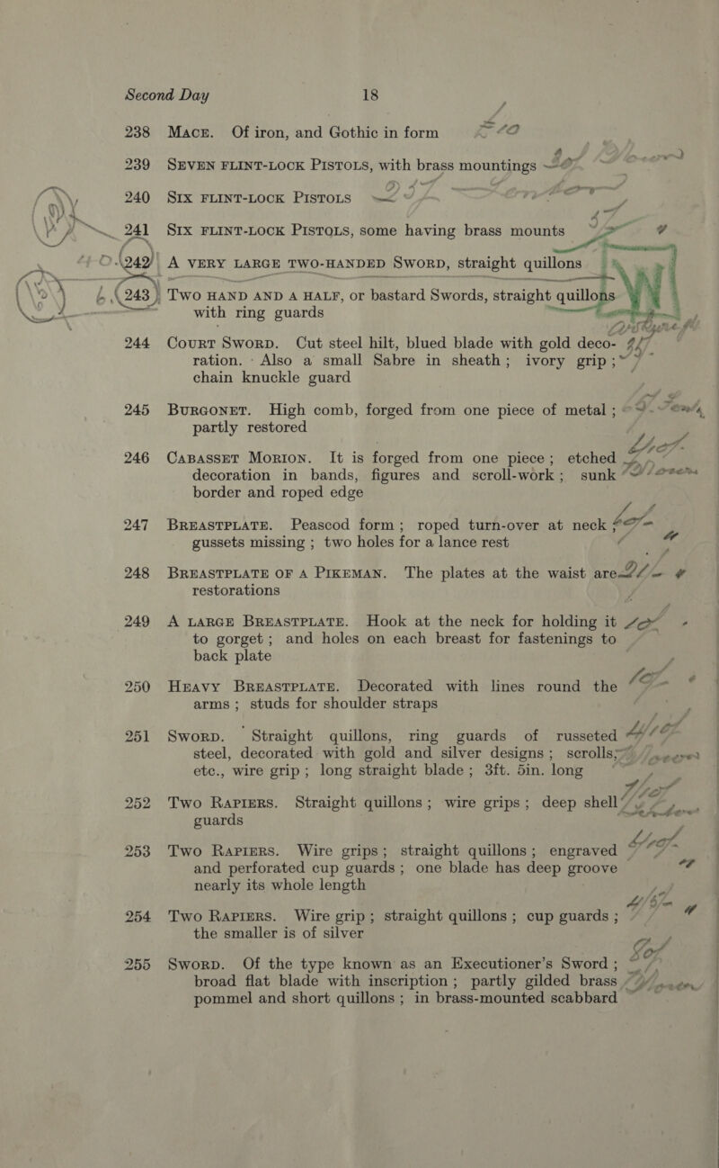 238 239 240 241 245 246 249 250 251 252 253 254 255 — Mace. Of iron, and Gothic in form Gm 4. xa aed SEVEN FLINT-LOCK PISTOLS, with brass mountings —© a) a * SIX FLINT-LOCK PISTOLS “=< y = SIX FLINT-LOCK PISTOLS, some having brass mounts ~_* a with ring guards OO rm Court Sworp. Cut steel hilt, blued blade with gold deco- 4/7 ration. - Also a small Sabre in sheath; ivory grip ix sh chain knuckle guard Buraoner. High comb, forged from one piece of metal ; ~~ -’ em 4 partly restored ¥ LY (1c CaBasseT Morton. It is forged from one piece; etched 7 decoration in bands, figures and _ scroll- work ; sunk *//2se™ border and roped edge BREASTPLATE. Peascod form; roped turn-over at neck fer ‘= gussets missing ; two holes for a lance rest af BREASTPLATE OF A PIKEMAN. The plates at the waist are QZ ~ # restorations A LARGE BREASTPLATE. Hook at the neck for holding it ye - to gorget ; and holes on each breast for fastenings to back plate s sep) eee lo. ¢ Heavy BreastetatTe. Decorated with lines round the arms ; studs for shoulder straps Sworp. Straight quillons, ring guards of russeted Ay fs OL. steel, decorated with gold and silver designs; scrolls —. p46 etc., wire grip; long straight blade; 3ft. 5in. long fits. Two Raprers. Straight quillons; wire grips; deep shell’ guards the . : J Z ; ps Leet, ne Two Rapizers. Wire grips; straight quillons; engraved ~ “/ and perforated cup guards; one blade has deep groove °F nearly its whole length Un Two Rapiers. Wire grip; straight quillons ; cup guards ; the smaller is of silver Sworp. Of the type known as an Executioner’s Sword ; wh broad flat blade with inscription ; partly gilded brass OY inten pommel and short quillons ; in brass-mounted scabbard ~