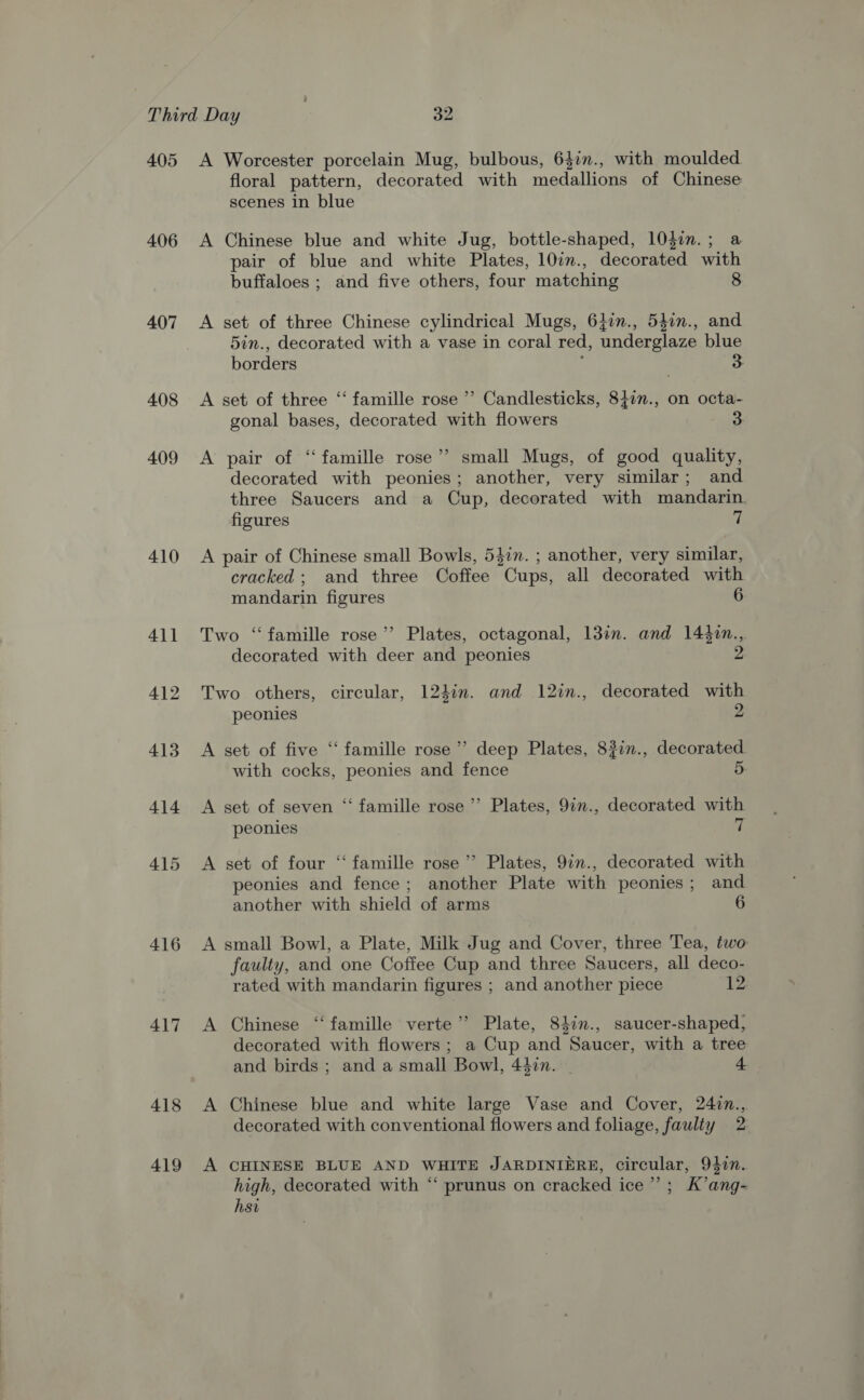 405 406 407 408 409 410 411 412 413 414 415 416 417 418 419 A Worcester porcelain Mug, bulbous, 64in., with moulded floral pattern, decorated with medallions of Chinese scenes in blue A Chinese blue and white Jug, bottle-shaped, 103in.; a pair of blue and white Plates, 107., decorated with buffaloes ; and five others, four matching 8 A set of three Chinese cylindrical Mugs, 640n., 540n., and 5in., decorated with a vase in coral red, underglaze blue borders ; 3 A set of three ‘‘ famille rose ’’ Candlesticks, 8{in., on octa- gonal bases, decorated with flowers 3 A pair of “famille rose’ small Mugs, of good quality, decorated with peonies; another, very similar; and three Saucers and a Cup, decorated with mandarin. figures a A pair of Chinese small Bowls, 54in. ; another, very similar, cracked; and three Coffee Cups, all decorated with mandarin figures 6 Two ‘famille rose’’ Plates, octagonal, 13in. and 144in., decorated with deer and peonies 2 Two others, circular, 12}in. and 12in., decorated with peonies 2 A set of five ‘‘ famille rose’ deep Plates, 82in., decorated with cocks, peonies and fence A set of seven ‘‘ famille rose ’’ Plates, 9in., decorated with peonies 7 A set of four ‘‘ famille rose’ Plates, 9in., decorated with peonies and fence; another Plate with peonies; and another with shield of arms A small Bowl, a Plate, Milk Jug and Cover, three Tea, two faulty, and one Coffee Cup and three Saucers, all deco- rated with mandarin figures ; and another piece 12 A Chinese ‘“‘ famille verte’ Plate, 847., saucer-shaped, decorated with flowers ; a Cup and Saucer, with a tree and birds ; and a small Bowl, 44in. | A Chinese blue and white large Vase and Cover, 24vn., decorated with conventional flowers and foliage, faulty 2: A CHINESE BLUE AND WHITE JARDINIERE, circular, 9407. high, decorated with ‘“‘ prunus on cracked ice”; K’ang- hsv