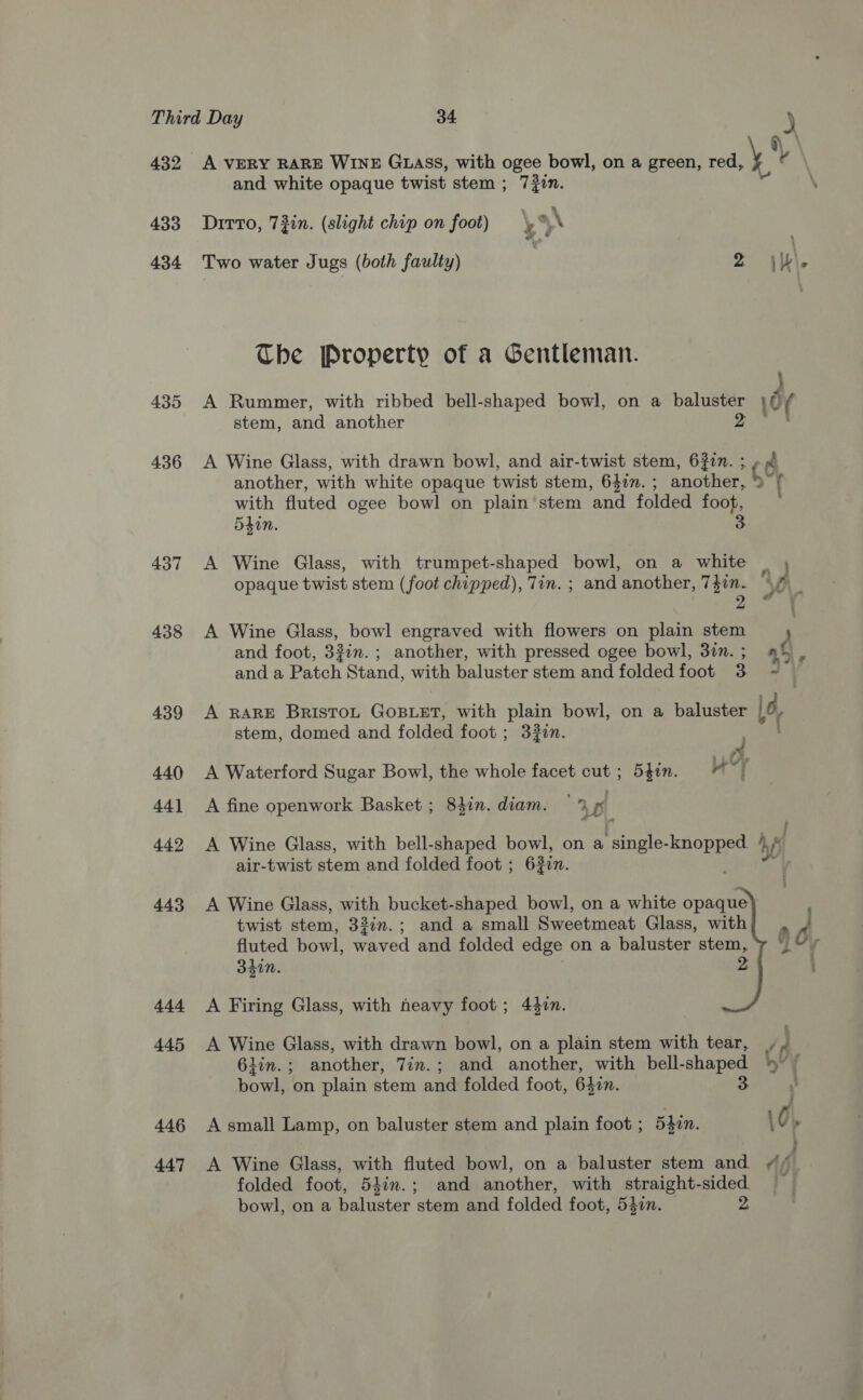 432 433 434 435 444 445 446 447 and white opaque twist stem ; 72in. y % Drrro, 7in. (slight chip on foot) \%\ Two water Jugs (both faulty) , z The Property of a Gentleman. A Rummer, with ribbed bell-shaped bowl, on a baluster stem, and another 2 A Wine Glass, with drawn bowl, and air-twist stem, 60. ; another, with white opaque twist stem, 6407. ; another, with fluted ogee bowl on plain’ stem ‘and folded re 5din. A Wine Glass, with trumpet-shaped bowl, on a white opaque twist stem (foot chipped), 7in. ; and another, 747n. 2 A Wine Glass, bowl engraved with flowers on plain stem and foot, 3%in.; another, with pressed ogee bowl, 37m. ; and a Patch Stand, with baluster stem and folded foot 3 A RARE BrisToL GOBLET, with plain bowl, on a baluster stem, domed and folded foot ; 320. ) fH, Uy } A Waterford Sugar Bowl, the whole facet cut ; 5fin. 7 | A fine openwork Basket ; 8hin. diam. © % a A Wine Glass, with bell-shaped bowl, on a ‘single- eae air-twist stem and folded foot ; 6#0n. A Wine Glass, with bucket-shaped bowl, on a white opaque twist stem, 33in.; and a small Sweetmeat Glass, with fluted bowl, waved and folded edge on a baluster stem, 341. A Firing Glass, with neavy foot; 447. A Wine Glass, with drawn bowl, on a plain stem with tear, 6lin.; another, 7in.; and another, with bell-shaped bowl, on plain stem and folded foot, 640n. A small Lamp, on baluster stem and plain foot ; Shin. A Wine Glass, with fluted bowl, on a baluster stem and folded foot, 54in.; and another, with straight-sided. bowl, on a baluster stem and folded foot, 542n. 2 3 60,   
