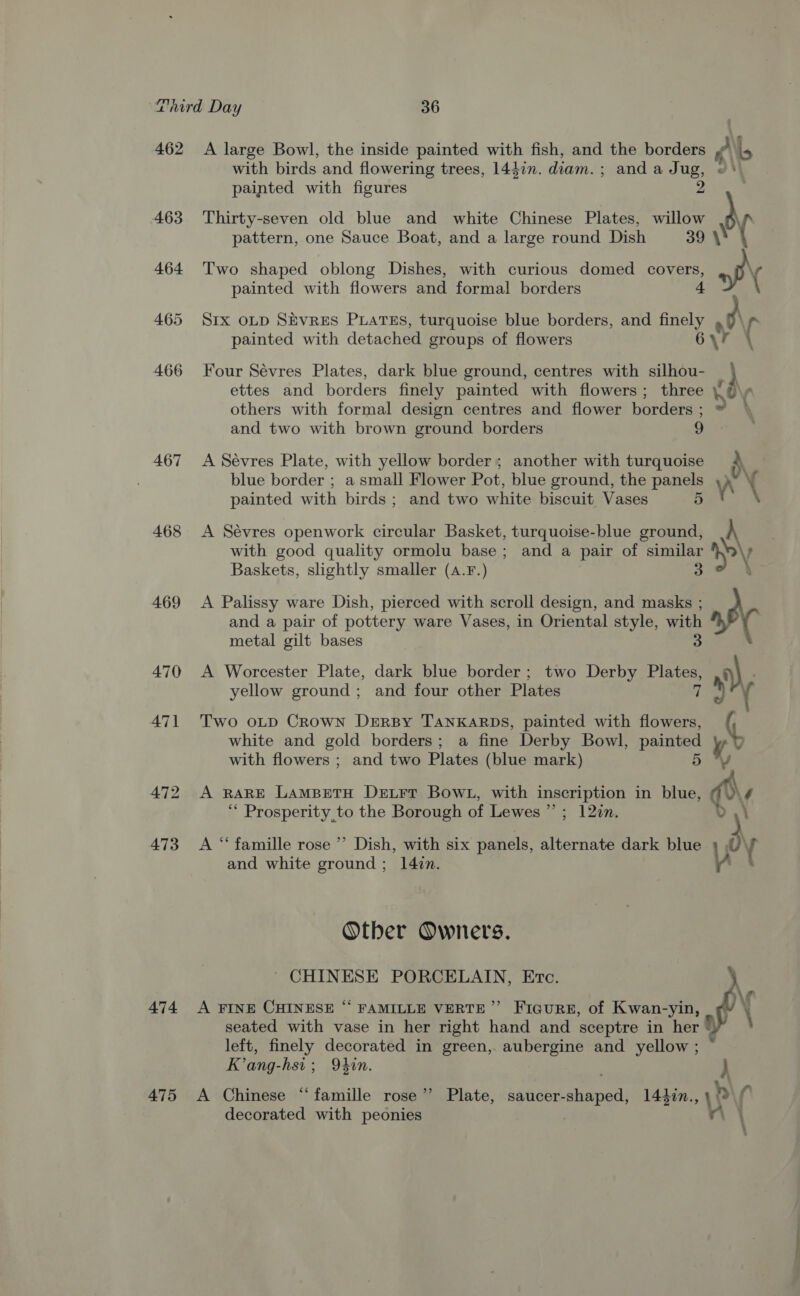 462 463 464 465 466 467 468 469 470 471 472 473 474 475 A large Bowl, the inside painted with fish, and the borders “A B with birds and flowering trees, 1447n. diam. ; and a Jug, « ' painted with figures 2 Thirty-seven old blue and white Chinese Plates, willow \ pattern, one Sauce Boat, and a large round Dish 39 \\ ( \ Two shaped oblong Dishes, with curious domed covers, painted with flowers and formal borders 4 S1x OLD SEVRES PLATES, turquoise blue borders, and finely oO painted with detached groups of flowers 6\f ( Four Sévres Plates, dark blue ground, centres with silhou- | } ettes and borders finely painted with flowers; three ¥@\y others with formal design centres and flower borders ; > | and two with brown ground borders S A Sévres Plate, with yellow border; another with turquoise A blue border ; a small Flower Pot, blue ground, the panels , A \ painted with birds ; and two white biscuit Vases 5 A Sévres openwork circular Basket, turquoise-blue ground, \ with good quality ormolu base; and a pair of similar ip Baskets, slightly smaller (4.F.) 3 A Palissy ware Dish, pierced with scroll design, and masks ; : and a pair of pottery ware Vases, in Oriental style, with metal gilt bases 3 A Worcester Plate, dark blue border; two Derby Plates, ) : yellow ground; and four other Plates 7 W) Y Two oLD Crown DeRBy TANKARDS, painted with flowers, ( white and gold borders; a fine Derby Bowl, painted y with flowers ; and two Plates (blue mark) 5 A RARE LamBetuH Detrrt Bow1, with inscription in blue, @\¢ ‘* Prosperity,to the Borough of Lewes”; 12in. Ly \ A “famille rose ”’ Dish, with six panels, alternate dark blue }, Y and white ground; 14in. ve Other Owners. 5 CHINESE PORCELAIN, Etc. { Vv A FINE CHINESE “ FAMILLE VERTE”’ Figure, of Kwan-yin, f \ seated with vase in her right hand and sceptre in her %) left, finely decorated in green, aubergine and yellow; © K’ang-hsi; Okun. } A Chinese “famille rose’’ Plate, saucer-shaped, 144in., \? i. decorated with peonies - \