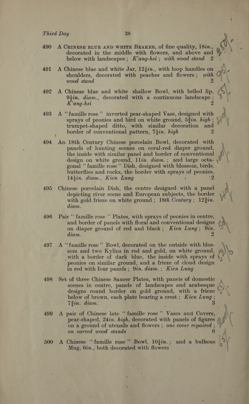 490 491 492 493 494 495 496 497 498 499 500 A CHINESE BLUE AND WHITE BEAKER, of fine quality, 1877., decorated in the middle with flowers, and above and below with landscapes ; K’ang-hsi ; with wood stand 2 A Chinese blue and white J ar, 124in., with loop handles on shoulders, decorated with peaches and flowers; with wood stand . 2 A Chinese blue and white shallow Bowl, with belled lip, 937m. diam., decorated with a continuous landscape ; K’ang-hsi A “famille rose’’ inverted pear-shaped Vase, pene with sprays of peonies and bird on white ground, 53in. high ; trumpet-shaped ditto, with similar decoration and border of conventional pattern, 7+in. high 2 An 18th Century Chinese porcelain Bowl, decorated with panels of hunting scenes on coral-red diaper ground, the inside with similar panel and border of conventional gonal “famille rose’’ Dish, designed with blossom, birds, butterflies and rocks, the border with sprays of peonies, 144on. diam., Kien Lung , 2 Chinese porcelain Dish, the centre designed: with a panel depicting river scene and European subjects, the border with gold frieze on white ground ; 18th Century; 1220n. diam. Pair “‘ famille rose ’’ Plates, with sprays of peonies in centre, and border of panels with floral and conventional designs on diaper ground of red and black; Kien Lung; Qin. diam. 2 A ‘“‘famille rose’’ Bowl, decorated on the outside with blos- som and two Kylins in red and gold, on white ground, with a border of dark blue, the inside with sprays of peonies on similar ground, and a frieze of cloud design in red with four panels ; 91n. diam. ; Kien Lung Set of three Chinese Saucer Plates, with panels of domestic designs round border on gold ground, with a frieze below of brown, each plate bearing a crest ; Kien Lung ; 72in. diam. A pair of Chinese late “‘ famille rose’? Vases and Covers, on a ground of utensils and flowers ; one cover repaired ; on carved wood stands 6 Mug, 6in., both decorated with flowers _/. @\,