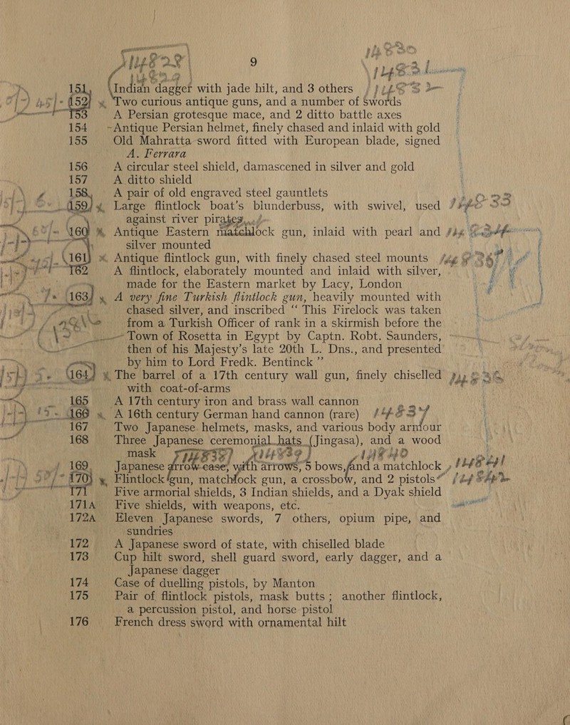   Ove ' . gop y * Figs 4 a : g \aee oy i. wy ole dagget with jade hilt, and 3 others |} 34% wo curious antique guns, and a number of $words A Persian grotesque mace, and 2 ditto battle axes ~Antique Persian helmet, finely chased and inlaid with gold Old Mahratta sword fitted with European blade, signed A. Ferrara A circular steel shield, damascened in silver and gold A ditto shield A pair of old engraved steel gauntlets Large flintlock boat’s blunderbuss, with swivel, used / i9e ¢ against river pirabes 1 | im, SY + 25 silver mounted A flintlock, elaborately mounted and inlaid with silver, =. made for the Eastern market by Lacy, London a A very fine Turkish flintlock gun, heavily mounted with chased silver, and inscribed “ This Firelock was taken from a Turkish Officer of rank in a skirmish before the ~ Town of Rosetta in Egypt by Captn. Robt. Saunders, then of his Majesty’s late 20th L. Dns., and presented he barrel of a 17th century wall gun, finely chiselled day on, as, with coat-of-arms aK A 17th century iron and brass wall cannon { t K Two Japanese. helmets, masks, and various body arntour ie Three eS cen hats. ea and a wood mask eee 1H 20 Japanese Be B36) ith owe LON irda maichlock | bbe e cy Flintlock ‘gun, matchfock gun, a crossbow, and 2 pistols” /£/ ¥ Five armorial shields, 3 Indian shields, and a Dyak shield Five shields, with weapons, etc. an sundries A Japanese sword of state, with chiselled blade Cup hilt sword, shell guard sword, early dagger, and a Japanese dagger Case of duelling pistols, by Manton Pair of flintlock pistols, mask butts; another flintlock, a percussion pistol, and horse pistol French dress sword with ornamental hilt ok Nal NE A
