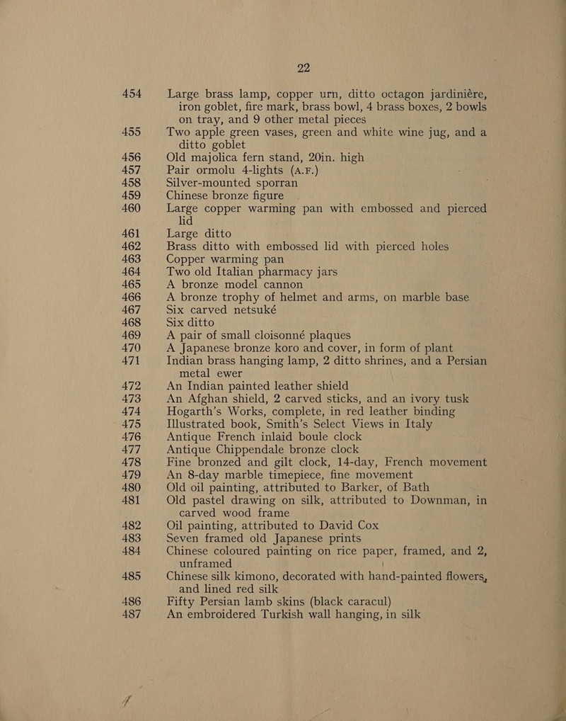454 455 456 457 458 459 460 461 462 463 464 465 466 467 468 469 470 471 472 473 474 475 476 477 478 479 480 481 482 483 484 485 486 487 22 Large brass lamp, copper urn, ditto octagon jardinieére, iron goblet, fire mark, brass bowl, 4 brass boxes, 2 bowls on tray, and 9 other metal pieces Two apple green vases, green and white wine jug, and a ditto goblet Old majolica fern stand, 20in. high Pair ormolu 4-lights (A.F.) Silver-mounted sporran Chinese bronze figure Large copper warming pan with embossed and pierced lid Large ditto Brass ditto with embossed lid with pierced holes Copper warming pan Two old Italian pharmacy jars A bronze model cannon A bronze trophy of helmet and arms, on marble base Six carved netsuké Six ditto A pair of small cloisonné plaques A Japanese bronze koro and cover, in form of plant Indian brass hanging lamp, 2 ditto shrines, and a Persian metal ewer An Indian painted leather shield An Afghan shield, 2 carved sticks, and an ivory tusk Hogarth’s Works, complete, in red leather binding Illustrated book, Smith’s Select Views in Italy Antique French inlaid boule clock Antique Chippendale bronze clock Fine bronzed and gilt clock, 14-day, French movement An 8-day marble timepiece, fine movement Old oil painting, attributed to Barker, of Bath Old pastel drawing on silk, attributed to Downman, in carved wood frame Oil painting, attributed to David Cox Seven framed old Japanese prints Chinese coloured painting on rice paper, framed, and 2, unframed | Chinese silk kimono, decorated with hand-painted flowers, and lined red silk Fifty Persian lamb skins (black caracul) An embroidered Turkish wall hanging, in silk