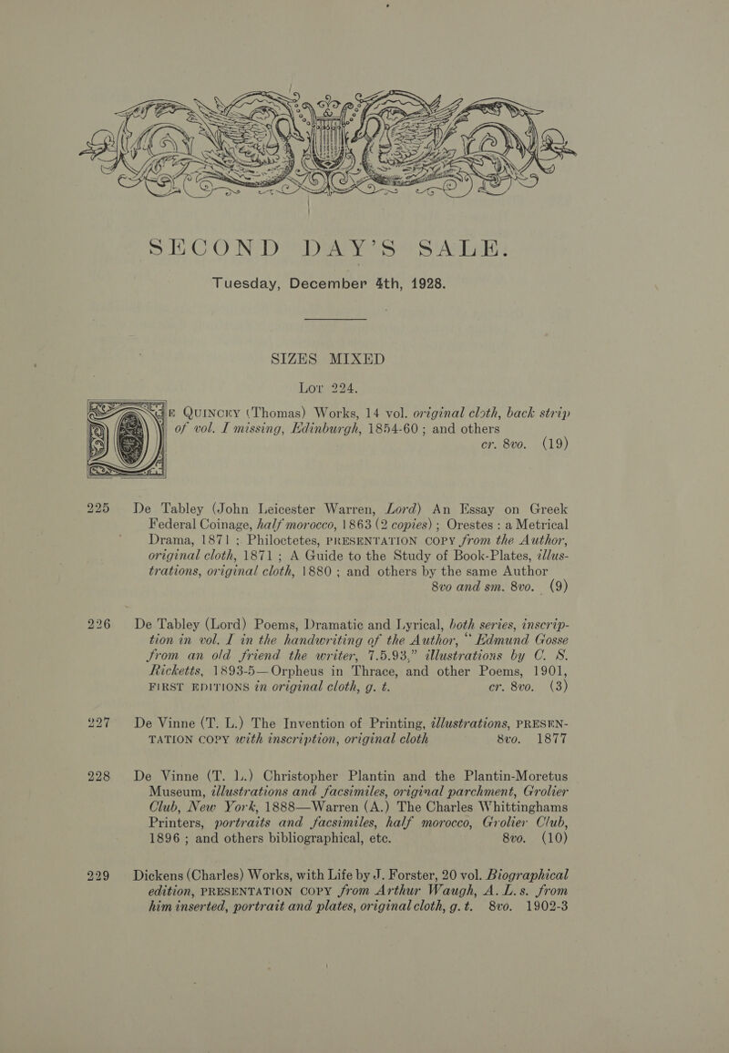  SECOND DAY’S SALE. Tuesday, December 4th, 1928. SIZES MIXED Lobe oe.    SG — Quincry (Thomas) Works, 14 vol. original cloth, back strip of vol. I missing, Edinburgh, 1854-60; and others er. 8vo. (19)   228 229 De Tabley (John Leicester Warren, Lord) An Essay on Greek Federal Coinage, half morocco, 1863 (2 copies) ; Orestes : a Metrical Drama, 1871 ; Philoctetes, PRESENTATION COPY from the Author, original cloth, 1871 ; A Guide to the Study of Book-Plates, ¢/us- trations, original cloth, \880 ; and others by the same Author 8vo and sm. 8vo. (9) De Tabley (Lord) Poems, Dramatic and Lyrical, both series, inscrip- tion in vol. I in the handwriting of the Author, “ Kdmund Grosse Jrom an old friend the writer, 7.5.93,” illustrations by C. S. Ricketts, 1893-5— Orpheus in Thrace, and other Poems, 1901, FIRST EDITIONS in original cloth, g. t. er. 8vo. (3) De Vinne (T. L.) The Invention of Printing, ¢lustrations, PRESEN- TATION COPY with inscription, original cloth 8vo. 1877 De Vinne (T. lL.) Christopher Plantin and the Plantin-Moretus Museum, 2llustrations and facsimiles, original parchment, Grolier Club, New York, 1888—Warren (A.) The Charles Whittinghams Printers, portraits and facsimiles, half morocco, Grolier Club, 1896 ; and others bibliographical, ete. 8vo. (10) Dickens (Charles) Works, with Life by J. Forster, 20 vol. Biographical edition, PRESENTATION Copy from Arthur Waugh, A. L.s. from him inserted, portrait and plates, original cloth, g.t. 8vo. 1902-3
