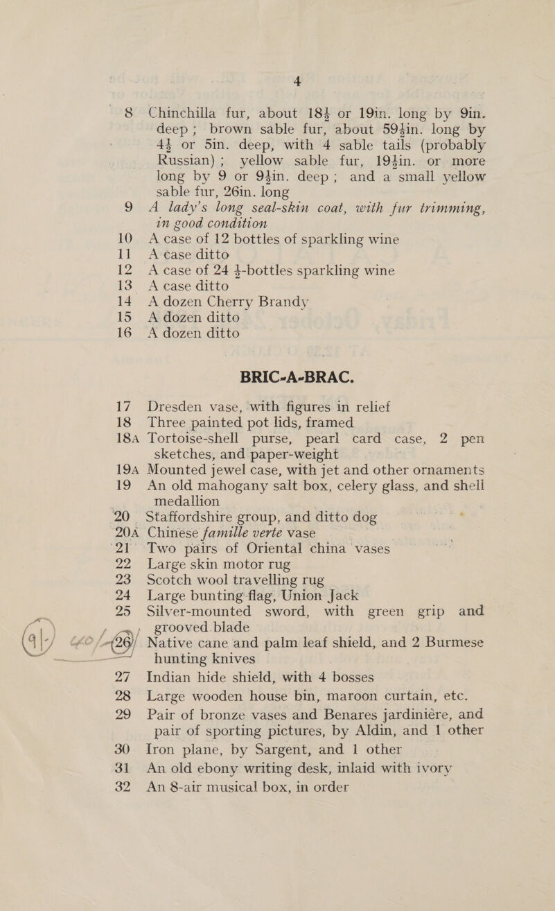 17 18 184 194. 19 20 Q0A a deep; brown sable fur, about 594in. long by 4} or 5in. deep, with 4 sable tails (probably Russian) ; yellow sable fur, 194in. or more long by 9 or 94in. deep; and a small yellow sable fur, 26in. long A lady’s long seal-skin coat, with fur trimming, in good condition A case of 12 bottles of sparkling wine A case ditto A case of 24 4-bottles sparkling wine A dozen Cherry Brandy A dozen ditto A dozen ditto BRIC-A-BRAC. Dresden vase, with figures in relief Three painted pot lids, framed Tortoise-shell purse, pearl card case, 2 pen sketches, and paper-weight | Mounted jewel case, with jet and other ornaments An old mahogany salt box, celery glass, and shell medallion Chinese famille verte vase | Two pairs of Oriental china vases Large skin motor rug Scotch wool travelling rug Large bunting-flag, Union Jack Silver-mounted sword, with green grip and grooved. blade hunting knives Indian hide shield, with 4 bosses Large wooden house bin, maroon curtain, etc. Pair of bronze vases and Benares jardiniére, and pair of sporting pictures, by Aldin, and 1 other Iron plane, by Sargent, and 1 other _ An old ebony writing desk, inlaid with ivory An 8-air musical box, in order