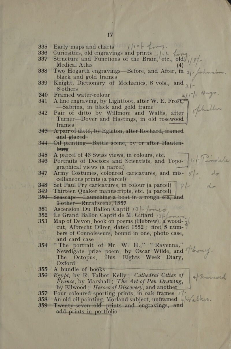335 Early maps and charts ) ie |. 4} 336 Curiosities, old engravings and prints , }e}- 1, 4. 337 Structure and Functions of the Brain, etc., old(, / ot. Medical Atlas | (Ay filer | 338 Two Hogarth engravings—Before, and After, in 3 he black and gold frames 339 Knight, Dictionary of Mechanics, 6 vols., and , ;  6 others 3i- 340 Framed water-colour aj s7j7™ 341 &lt;A line engraving, by Lightfoot, after W. E. Frost; —Sabrina, in black and gold frame 342 Pair of ditto by Willmore and Wallis, after x Turner—Dover and Hastings, in old rosewood frames 343--A-patr of -ditto;-by-Egleton, after Rochard,-framed | and-glazed 344---Oil-painting—Battle-scene,; by~or~after-Hauten- 345 A parcel of 46 Swiss views, in colours, etc. ea ai 346. Portraits of Doctors and Scientists, and Topo- | | graphical views (a parcel) — 347 Army Costumes, coloured caricatures, and mis- ‘/- cellaneous prints (a parcel) 348 Set Paul Pry caricatures, in colour (a parcel) | ?/- 349 Thirteen Quaker manuscripts, etc. (a parcel) 350-—--Seascape—Launching a boat in-a rough sea, and LotherRural’scene, 1857 , 351 Ascension Du Ballon Captif 73/- swe 352 Le Grand Ballon Captif de M. Giffard , Bas 353 Map of Devon, book on poems (Hebrew), a Yeo erip L cut, Albrecht Diirer, dated 1552; first 5 num-” bers of Connoisseurs, bound in one, photo case, and card case 354°“ The’ portrait. of ‘Mr... W. H.,’ “Ravenna,” _) Newdigate prize poem, by Oscar Wilde, and 5/“henry . The Octopus, illus. Eights Week Diary, Oxford 355 e Pundléor Hdgks eo 7 356 Egypt, by R. Talbot Kelly; C finedPal ids haf | H-Reannan eee by Marshall; The Art of Pen Drawing, \ '— by Ellwood ; Heroes of Discovery, and another. 357 Four coloured sporting prints, in oak frames »/- de 358 An old oil painting, Morland subject, unframed 4/-h/,L wv. 359°&gt;Ewenty-seven--old--prints.-and—engravings,.-and odd.prints.in_ portfolio