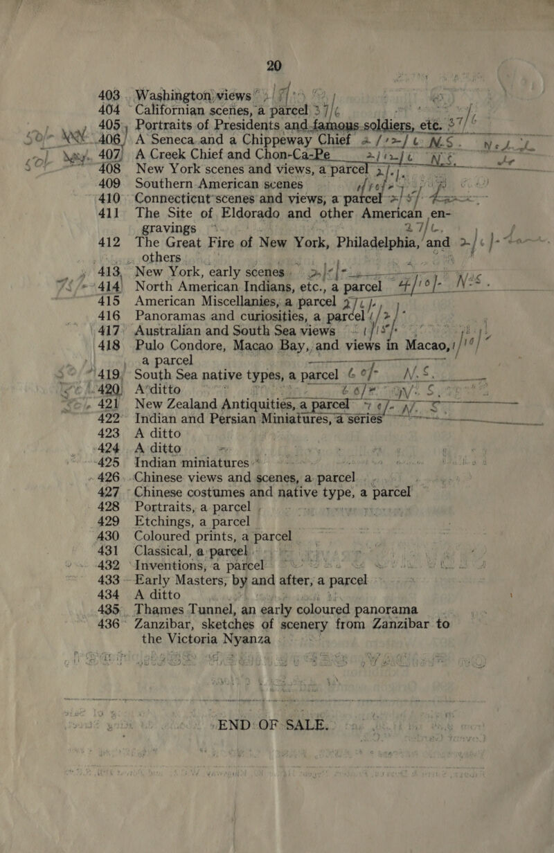 403 . Washington)views” | ) 2 | ; Bek 404 ~ Californian scenes, a 4. i) 37 /¢ sept sche i, naa: 405, Portraits of Presidents and_famnous soldiers, ¢ ete, 2 7/° alee ee ee 406) A’ Seneca and a Chippeway Chief a //&gt;/ t- NS - Ned vat  p x Say 407) A Creek Chief and Chon-Ca-Pe &gt;. Lt ame iy 2 408 New York scenes and views, a parcel 3/7; ae, 409 Southern American scenes if ete ee) 410 Connecticut scenes and views, a parcel ar we 8 — 411 The Site of Eldorado and other Amerie en- gravings °.. 27) ¢. | L Wi2 The GreatHineah aba York, Philadelphia, and &gt; aah ]-ta—. ._ others | _ » 413, New York, early scenes » Di citi bee f  : North American Indians, etc., a peels Hf: $e EN N&lt;s . 415 American Miscellanies, a parcel afi 416 Panoramas and curiosities, a par el { I'|s } 2 417. Australian and South Sea views © Ly fief 4. i al «| J 418 Pulo Condore, Macao Bay,, and views in Macao, 20,1/2 | , a parcel rh ~~ “419° South Sea native types, a parcel 6° of- eo ATS. i are © ARO) Atditto | OTE OV? Sve “©, 421 New Zealand Antiquities, a parcel Raley, Seo gaa  422° Indian and Persian Miniatures, a series 423 A ditto »424 A ditto a “----495 Indian miniatures «“ - 426. Chinese views ade scenes, a parcel. 427 Chinese costumes and native AYES a parcel 428 Portraits, a parcel , | 429 Etchings, a parcel A30 Coloured prints, a parcel 431 Classical, a PArceh i bee i iy irate or 432 “Inventions; ‘a parcel’) ~\ % - oe se Te a 433 - Early Masters, by and after, a parcel | 434 A ditto 435, Thames Tunnel, an early coloured panorama | 436° Zanzibar, sketches of scenery from Zanzibar to the MAGEE sd dap: | -END:OF- SALE: