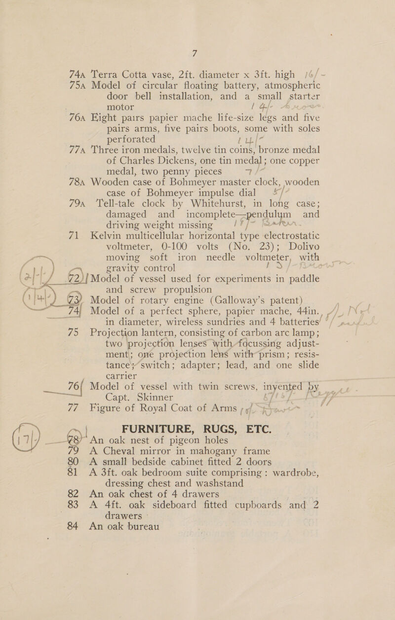 74a, Terra: Cotta vase, 2ft. diameter x 3ft. high 75a Model of circular floating battery, atmospheric door bell installation, and a small starter motor | gfe A 76a Hight pairs papier mache life-size legs anid e. pairs arms, five pairs boots, some with soles perforated tu|- 774 Three iron medals, twelve tin coins, bronze medal of Charles Dickens, one tin medal ; one copper medal, two penny pieces 2 784 Wooden case of Bohmeyer master clock, wooden case of Bohmeyer impulse dial 4 f| 79a ‘Tell-tale clock by Whitehurst, in long case; damaged and incomplete —pendulym and driving weight missing M4 LAAN 71 Kelvin multicellular horizontal one electrostatic voltmeter, 0-100 volts (No. 23); Dolivo — moving soft iron needle voltmeter, with gravity control bd /-firrte Model of vessel used for experiments in paddle pat and screw propulsion + +I) 73) Model of rotary engine (Galloway’s patent) — 74 Model of a perfect sphere, papier mache, 44in. a in diameter, wireless sundries and 4 batteries! / 75 Projection lantern, consisting of carbon arc lamp; two projection lenses with- focussing adjust- ment; one projection lens with prism; resis- tance“switch - adapter; lead, and one slide @   carrier Be 76/ Model of vessel with twin screws, cane RY, : eae Capt. Skinner [1s [fap eF 77 Figure of Royal Coat of Arms , 2 FURNITURE, RUGS, ETC. _ An oak nest of pigeon holes | 79 A Cheval mirror in mahogany frame 80 &lt;A small bedside cabinet fitted 2 doors 81 &lt;A 3ft. oak bedroom suite comprising : wardrobe, dressing chest and washstand 82 An oak chest of 4 drawers 83 A 4ft. oak sideboard fitted cupboards and 2 3 drawers » 84 An oak bureau