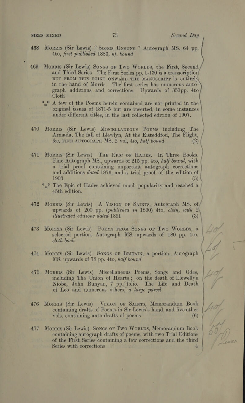 468 469 470 471 472 473 474 475 476 477 Morris (Sir Lewis) “Sones Unsuna” Autograph MS. 64 pp. 4to, first published 1883, hf. bound Morris (Sir Lewis) Sonas or Two Wortps, the First, Second / and Third Series The First Series pp. 1- 130 is a transcription) BUT FROM THIS POINT ONWARD THE MANUSCRIPT is entirely in the hand of Morris. The first series has numerous auto- graph additions and corrections. Upwards of 350pp. 4to Cloth A few of the Poems herein contained are not printed in the original issues of 1871-5 but are inserted, in some instances under different titles, in the last collected edition of 1907. nv Morris (Sir Lewis) Miscettanzous Porms including The &amp;c, FINE AUTOGRAPH MS. 2 vol, 4to, half bownd (2) ( ) Morris (Sir Lewis) THe Kpic or Hapes. In Three Books. Fine Autograph MS., upwards of 215 pp. 4to, half bound, with | and additions dated 1876, and a trial proof of the edition of / 45th edition. Morris (Sir Lewis) A Viston or Saints, Autograph MS. of/ upwards of 200 pp. (published in 1890) 4to, cloth, with 2\ selected portion, Autograph MS. upwards of 180 pp. 4to, cloth back Morris (Sir Lewis) Sones or Brirary, a portion, Autograph MS. upwards of 78 pp. 4to, half bound Morris (Sir Lewis) Miscellaneous Poems, Songs and Odes, including The Union of Hearts; on the death of Llewellyn Niobe, John Bunyan, 7 pp-( folio. The Life and Death of Leo and numerous others, a large parcel containing drafts of Poems.in Sir Beavis’ s hand, and five ea, \ vols. containing auto-drafts of poems Morris (Sir Lewis) Sonas or Two Wortps, Memorandum Book containing autograph drafts of poems, with two Trial Editions of the First Series containing a few corrections and the third Series with corrections 4 |