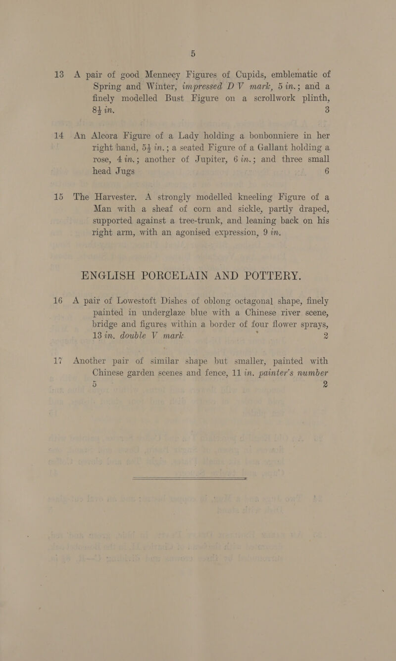 13 A pair of good Mennecy Figures of Cupids, emblematic of Spring and Winter, impressed DV mark, 51n.; and a finely modelled Bust Figure on a scrollwork plinth, 84 wn. 3 14 An Alcora Figure of a Lady holding a bonbonniere in her right hand, 54 71m.; a seated Figure of a Gallant holding a rose, 41m.; another of Jupiter, 6im.; and three small head Jugs | 6 15 The Harvester. A strongly modelled kneeling Figure of a Man with a sheaf of corn and sickle, partly draped, supported against a tree-trunk, and leaning back on his right arm, with an agonised expression, 9 in. ENGLISH PORCELAIN AND POTTERY. 16 A pair of Lowestoft Dishes of oblong octagonal shape, finely painted in underglaze blue with a Chinese river scene, bridge and figures within a border of four flower sprays, 13 in. double V mark 2 17 Another pair af similar shape but smaller, painted with Chinese garden scenes and fence, 11 in. painter’s number 5 2  