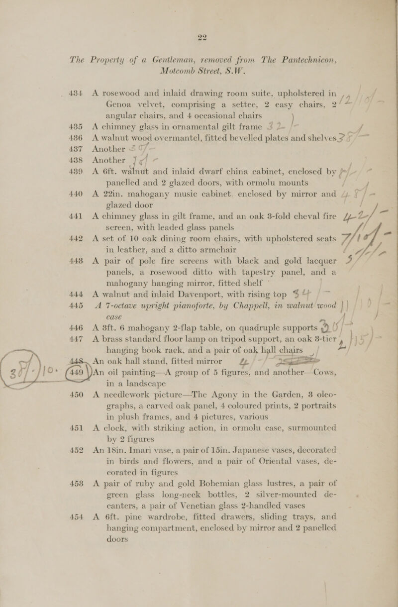 The Property of a Gentleman, removed from The Pantechnicon, Motcomb Street, S.W. {4 Genoa velvet, comprising a settee, 2 easy chairs, 2° angular chairs, and 4 occasional chairs ) 435 &lt;A chimney glass in ornamental gilt frame “ /~ | / 436 A walnut wood overmantel, fitted bevelled plates and shelves 2.7 437 Another = 0/ 438 Another J &lt;4 . 439 &lt;A 6ft. walnut and inlaid dwarf china cabinet, enclosed by py panelled and 2 glazed doors, with ormolu mounts f / 440 &lt;A 22in. mahogany music cabinet, enclosed by mirror and 4) ¥ / = glazed door aE 441 &lt;A chimney glass in gilt frame, and an oak 3-fold cheval fire pw/- screen, with leaded glass panels ha 442 A set of 10 oak dining room chairs, with upholstered seats /, in leather, and a ditto armchair 443 A pair of pole fire screens with black and gold lacquer ey, panels, a rosewood ditto with tapestry panel, and a mahogany hanging mirror, fitted shelf ©  444 A walnut and inlaid Davenport, with rising top 4 “P| ~ _ / 445 A 7-octave upright pianoforte, by Chappell, in walnut wood M CASE 446 A 3ft. 6 mahogany 2-flap table, on quadruple supports AY yy 447 A brass standard floor lamp on tripod support, an oak 38-tier | 2d } Rw, hanging book rack, and a pair of oak hall chairs x An oil painting—A group of 5 figures, and another—Cows, in a landscape 450 A needlework picture—The Agony in the Garden, 3 oleo- graphs, a carved oak panel, 4 coloured prints, 2 portraits in plush frames, and 4 pictures, various 451 &lt;A clock, with striking action, in ormolu case, surmounted by 2 figures 452 An 18in. Imari vase, a pair of 15in. Japanese vases, decorated in birds and flowers, and a pair of Oriental vases, de- corated in figures 453 &lt;A pair of ruby and gold Bohemian glass lustres, a pair of green glass long-neck bottles, 2 silver-mounted de- canters, a pair of Venetian glass 2-handled vases 454 A 6ft. pine wardrobe, fitted drawers, sliding trays, and hanging compartment, enclosed by mirror and 2 panelled doors