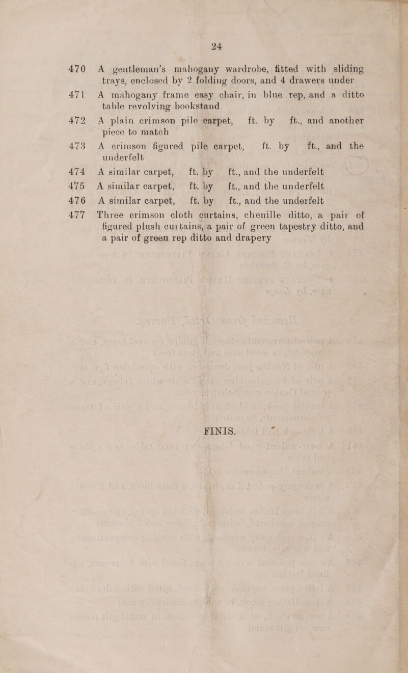 470 24 A gentleman’s mahogany wardrobe, fitted with sliding trays, enclosed by 2 folding doors, and 4 drawers under A mahogany frame easy chair, in blue rep, and a ditto table revolving bookstand A plain crimson pile carpet, ft. by ft., and another piece to match A crimson figured pile carpet, ft. by ft. and the underfelt A similar carpet, ft. by ft., and the underfelt A similar carpet, ft. by ft., and the underfelt A similar carpet, ft. by ft., and the underfelt Three crimson cloth curtains, chenille ditto, a pair of figured plush curtains, a pair of green tapestry ditto, and a pair of green rep ditto and drapery
