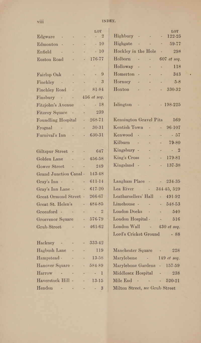 Vill LOT Edgware - - - - 2 Edmonton - 10 Enfield - 10 Euston Road - + 1 76sid Fairlop Oak - - - 9 Finchley 3 Finchley Road - - 81-84 Finsbury - - 456 e€ seq. Fitzjohn’s Avenue eels Fitzroy Square - - 29 Foundling Hospital - 268-71 Frognal - - +) pded) Furnival’s Inn — - - 630-31 Giltspur Street - - 647 Golden Lane - - 456-58 Gower Street 249 Grand Junction Canal- 143-48 Gray’s Inn - - 268 1-14 Gray’s Inn Lane - 617-20 Great Ormond Street - 266-67 Great St. Helen’s 484-85 Greenford - - - 2 Grosvenor Square een 0-10 Grub Street - - 461-62 Hackney - - - 333-42 Hagbush Lane - 119 Hampstead - - 13-58 Hanover Square - 584-89 Harrow - - - Jey Haverstock Hill - - 18-15 Hendon 3  LOT Highbury - - - 122-25 Highgate - - - ABO L ar Hockley in the Hole - 298 Holborn’ « *- - 607 et seq. Holloway - - - 118 Homerton - - - 343 Hornsey &gt; - - 5-8 Hoxton - - - 330-32 Islington - 198-225 Kensington Gravel Pits 569 Kentish Town - 96-107 ‘Kenwood - - - - 57 Kilburn - - - 79-80 Kingsbury - - - ee: King’s Cross : = oh F928 4 Kingsland - - - 137-38 Langham Place - - «934-35 Lea River - 344-45, 529 Leathersellers Hall - 491-92 Limehouse - - - §48-53 London Docks — - - 540 London Hospital - - 516 London Wall - 430 e€ seg. Lord’s Cricket Ground - 88 Manchester Square - 228 Marylebone 149 e¢ seq. Marylebone Gardens - 157-59 Middlesex Hospital — - 238 Mile End - - - §20-21 Milton Street, see Grub Street