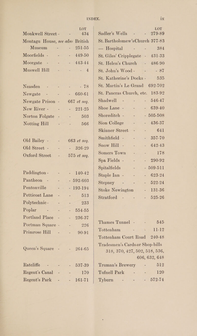 LOT Monkwell Street - . 434 Montagu House, see also British Museum - - 251-55 ~ Moorfields - - = 7449550 Moorgate - - - 443-44 Muswell Hill - - - 4 Neasden — - - - - 78 Newgate - - - 660-61 Newgate Prison - 667 et seq. New River - - 221225 Norton Folgate - . 503 Notting Hill = : 566 Old Bailey - 663 et seq. Old Street - - - 926-29 Oxford Street = - 575 et seq. Paddington - - - 140-42 Pantheon’ - - - §92-603 Pentonville . =bO3=19 4 Petticoat Lane - - 513 Polytechnic - - - Dao Poplar - - Sa) Se S59) Portland Place - - 236-37 Portman Square - - 226 Primrose Hill — - = 90291 @ueen’s Square - - 264-65 Ratcliffe - - - §37-39 Regent’s Canal - - 170 Regent’s Park - - 161-71  LOT Sadler’s Wells _ - - 979-89 St. Bartholomew’sChurch 377-83 — Hospital - . 384 St. Giles’ Cripplegate - 431-33 St. Helen’s Church - 486-90 St. John’s Wood - - - 87 St. Katherine’s Docks - 535 St. Martin’s Le Grand 692-702 St. Pancras Church, ete. 183-92 Shadweil — - - - 646-47 Shoe Lane - - - 639-40 Shoreditch - - - 505-508 Sion College 436-37 Skinner Street - - 641 Smithfield - : = 357-10 Snow Hill - 642-43 Somers Town - - 178 Spa Fields - - 290-92 Spitalfields - - 509-511 Staple Inn - - - 623-24 Stepney - - - 622-24 Stoke Newington - 131-36 Stratford - - - 525-26 Thames Tunnel - - 545 Tottenham - = le te Tottenham Court Road 240-48 Tradesmen’s Cards or Shop-bills 318, 370, 427, 502, 518, 536, 606, 632, 648 Truman’s Brewery - a2 Tufnell Park - - 120 Tyburn - “