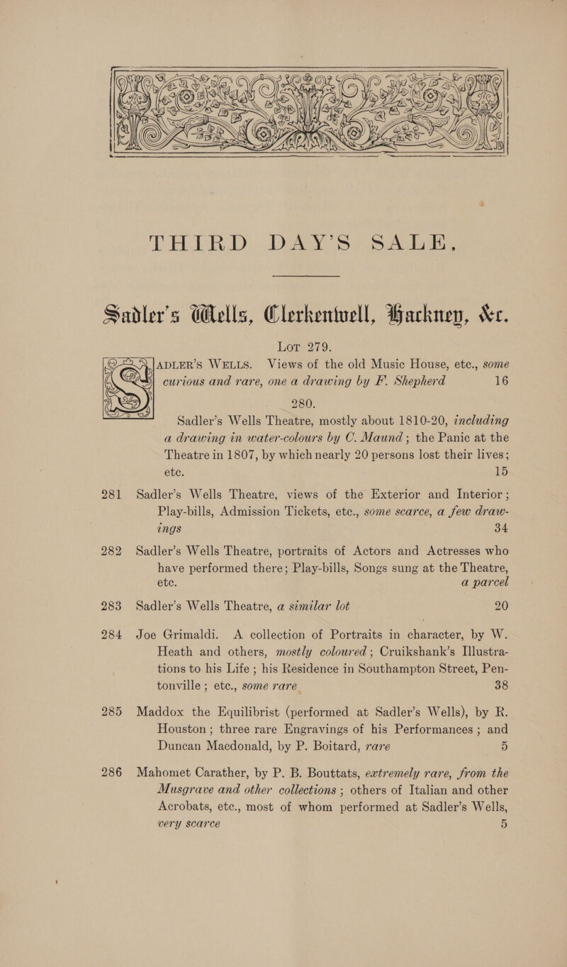  Sadler's ells, Clerkentuell, Gacknen, “ee. LOEe 279: ADLER’S WELLS. Views of the old Music House, etc., some SS curious and rare, one a drawing by F’. Shepherd 16 @ SS 280. Sadler’s Wells Theatre, mostly about 1810-20, including a drawing in water-colours by C. Maund ; the Panic at the Theatre in 1807, by which nearly 20 persons lost their lives; etc. 15 981 Sadler’s Wells Theatre, views of the Exterior and Interior; Play-bills, Admission Tickets, etc., some scarce, a few draw- ings 34 282 Sadler’s Wells Theatre, portraits of Actors and Actresses who have performed there; Play-bills, Songs sung at the Theatre, etc. a parcel 283 Sadler’s Wells Theatre, a semilar lot 20 284 Joe Grimaldi. A collection of Portraits in character, by W. Heath and others, mostly coloured; Cruikshank’s Illustra- tions to his Life ; his Residence in Southampton Street, Pen- tonville ; ete., some rare 38 285 Maddox the Equilibrist (performed at Sadler’s Wells), by R. Houston ; three rare Engravings of his Performances ; and Duncan Macdonald, by P. Boitard, rare 5 286 Mahomet Carather, by P. B. Bouttats, extremely rare, from the Musgrave and other collections ; others of Italian and other Acrobats, etc., most of whom performed at Sadler’s Wells,