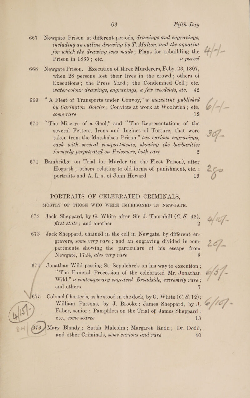 63 Fifth Day 667 Newgate Prison at different periods, drawings and engravings, including an outline drawing by T. Malton, and the aquatint tor which the drawing was made; Plans for rebuilding the Prison in 1835 ; ete. a parcel 668 Newgate Prison. Execution of three Murderers, Feby. 23, 1807, when 28 persons lost their lives in the crowd ; others of Executions; the Press Yard; the Condemned Cell; ete water-colour drawings, engravings, a few woodcuts, etc. 42 669 ‘A Fleet of Transports under Convoy,” a mezzotint published by Carington Bowles ; Convicts at work at Woolwich ; et some rare 12 670 “The Miserys of a Gaol,” and “The Representations of the several Fetters, Irons and Ingines of Torture, that were taken from the Marshalsea Prison,” two curious engravings, each with several compartments, showing the barbarities formerly perpetrated on Prisoners, both rare 2 671 Bambridge on Trial for Murder (in the Fleet Prison), after Hogarth ; others relating to old forms of punishment, ete. ; portraits and A. L. s. of John Howard 19 PORTRAITS OF CELEBRATED CRIMINALS, MOSTLY OF THOSE WHO WERE IMPRISONED IN NEWGATE, 672 Jack Sheppard, by G. White after Sir J. Thornhill (C. 8S. 42), jirst state; and another 2 673 Jack Sheppard, chained in the cell in Newgate, by different en- gravers, some very rare; and an engraving divided in com- partments showing the particulars of his escape from Newgate, 1724, also very rare 8 674 Jonathan Wild passing St. Sepulchre’s on his way to execution ; “The Funeral Procession of the celebrated Mr. Jonathan Wild,” a contemporary engraved Broadside, extremely rare ; and others 7 \$675 Colonel Charteris, as he stood in the dock, by G. White (C. §. 12): y ak William Parsons, by J. Brooke; James Sheppard, by J. mt ice Faber, senior ; Pamphlets on the Trial of James Sheppard ;  (66) Mary Blandy ; Sarah Malcolm; Margaret Rudd; Dr. Dodd, and other Criminals, some curious and rare 40 whos