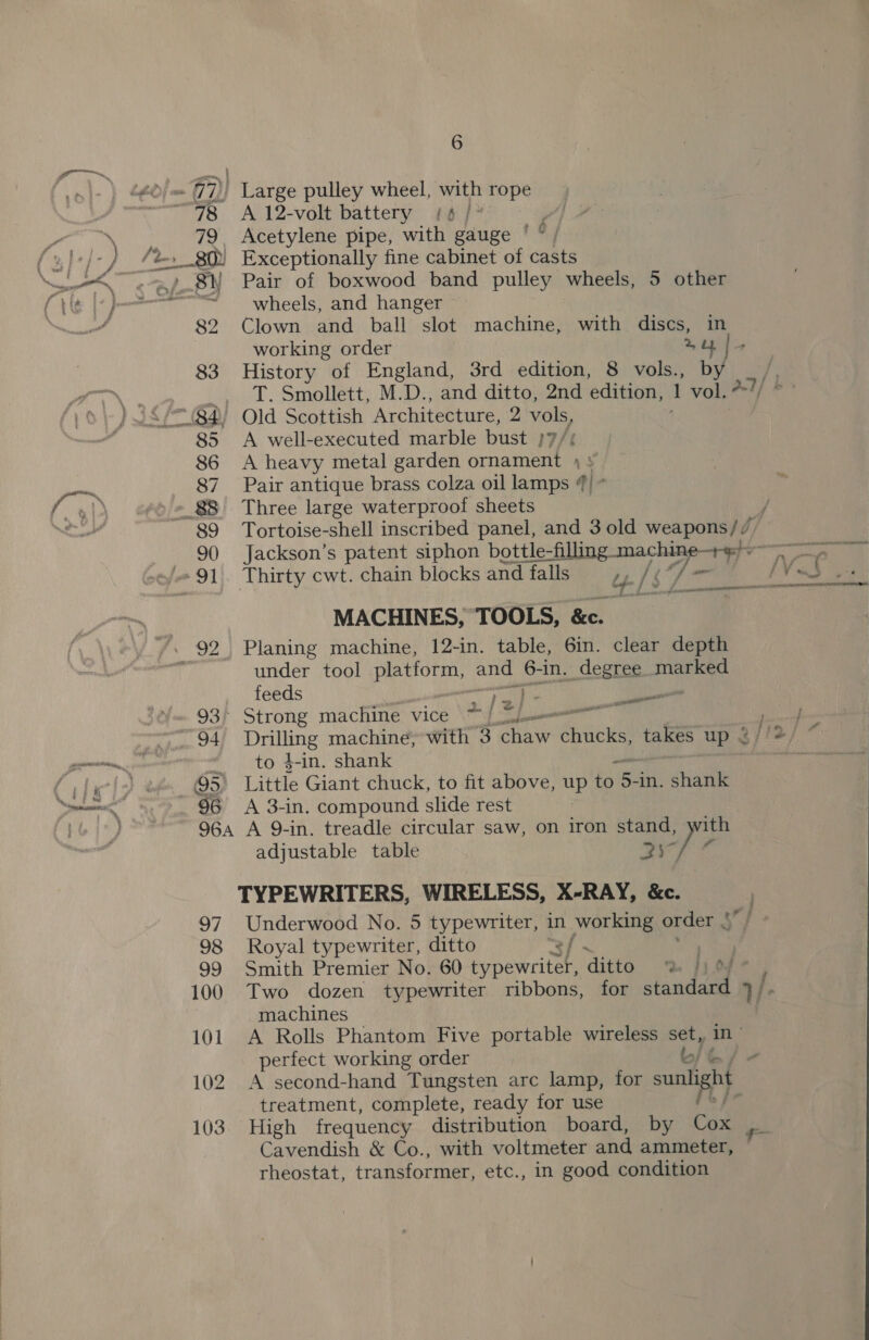 93) 94 95 96 6 A 12-volt battery {6 i p Acetylene pipe, with gauge | * Pair of boxwood band pulley wheels, 5 other wheels, and hanger Clown and ball slot machine, with discs, in working order % History of England, 3rd edition, 8 vols., by T. Smollett, M.D., and ditto, 2nd edition, 1 vol. 27/ A well-executed marble bust /7/: A heavy metal garden ornament » Pair antique brass colza oil ane al- Three large waterproof sheets Tortoise-shell inscribed panel, and 3 old weapons// Jackson’s patent siphon bottle- es 1 Thirty cwt. chain blocks and falls “| 67 2 = a 0 MACHINES, TOOLS, &amp;c. Planing machine, 12-in. table, 6in. clear depth under tool Merctan and 6-in. degree sab ETOP feeds rym Ie en Strong machine vice or ; ae sep machine, with 3 chaw die takes up &lt;/ fiz] to $-in. shank Little Giant chuck, to fit above, up to 54 -In. shai A 3-in. compound slide rest  adjustable table 33 Underwood No. 5 typewriter, in working order Royal typewriter, ditto i : Smith Premier No. 60 I ay ditto 2% |) 0 Two dozen typewriter ribbons, for standard 7/. machines A Rolls Phantom Five portable wireless set, in- perfect working order b/t/ - A second-hand Tungsten arc lamp, for sage: @ treatment, complete, ready for use High frequency distribution board, by Cas Cavendish &amp; Co., with voltmeter and ammeter, rheostat, transformer, etc., in good condition