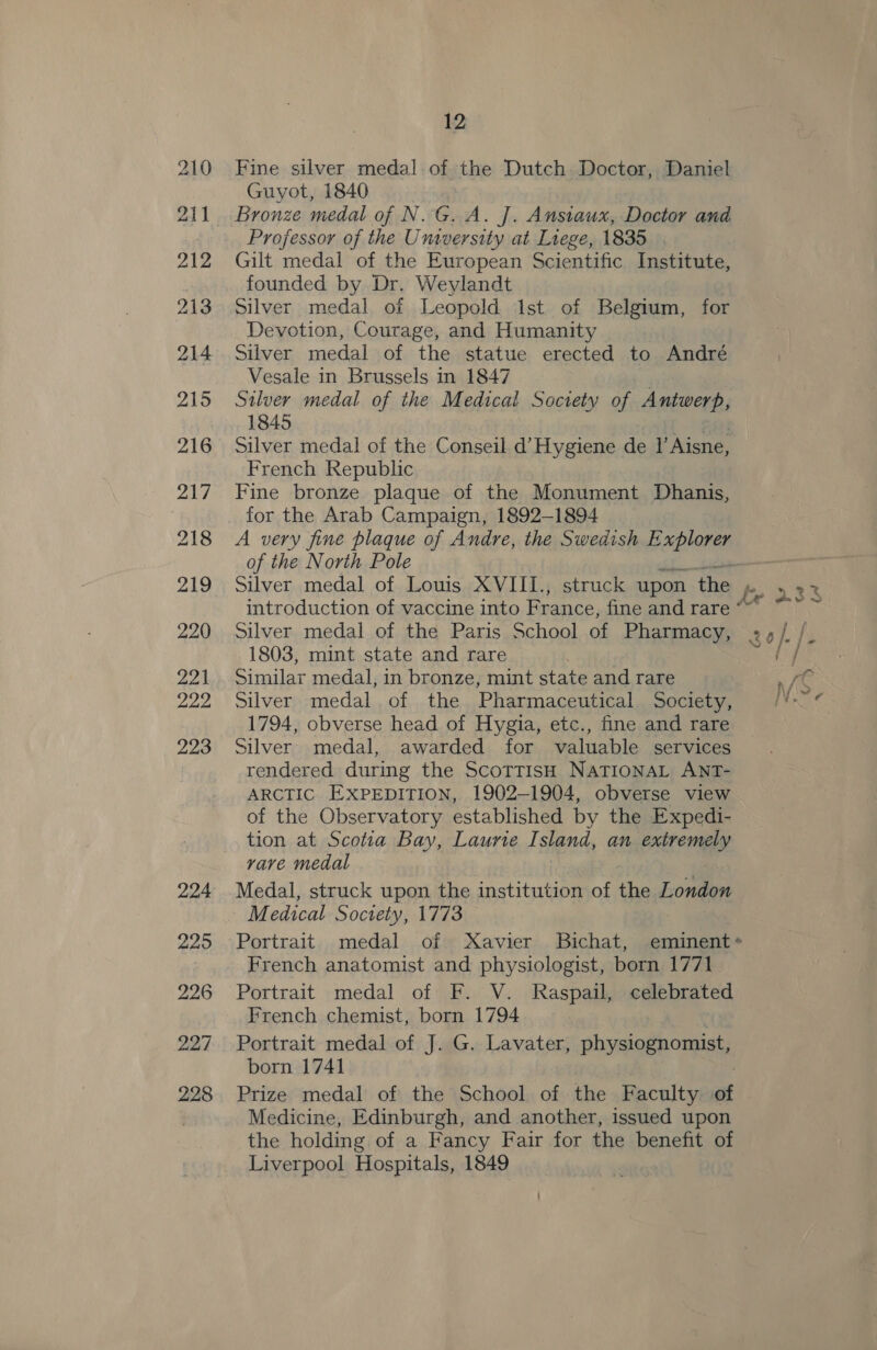 210 Fine silver medal of the Dutch Doctor, Daniel Guyot, 1840 211 Bronze medal of N.G. A. J. Ansiaux, Doctor and Professor of the Umversity at Liege, 1835 212 Gilt medal of the European Scientific Institute, founded by Dr. Weylandt 213. Silver medal of Leopold 1st of Belgium, for Devotion, Courage, and Humanity 214 Silver medal of the statue erected to André Vesale in Brussels in 1847 215 Silver medal of the Medical Society of Antwerp, 1845 216 Silver medal of the Conseil d’ Hygiene de V Aisne, French Republic 217 Fine bronze plaque of the Monument Dhanis, ! for the Arab Campaign, 1892-1894 218 A very fine plaque of Andre, the Swedish Explorer of the North Pole i 219 Silver medal of Louis XVIII., struck upon the , introduction of vaccine into France, fine and rare * 220 Silver medal of the Paris School of Pharmacy, 1803, mint state and rare 221 Similar medal, in bronze, mint state and rare 222 Silver medal of the Pharmaceutical Society, 1794, obverse head of Hygia, etc., fine and rare 223 Silver medal, awarded for valuable services rendered during the ScotrisH NATIONAL ANT- ARCTIC EXPEDITION, 1902-1904, obverse view of the Observatory established by the Expedi- tion at Scotia Bay, Laurie Island, an extremely vave medal 224 Medal, struck upon the institution of the London - Medical Society, 1773 225 Portrait medal of Xavier Bichat, eminent* French anatomist and physiologist, born 1771 226 Portrait medal of F. V. Raspail, celebrated French chemist, born 1794 227 Portrait medal of J. G. Lavater, physiognomist, born 1741 228 Prize medal of the School of the Faculty of Medicine, Edinburgh, and another, issued upon the holding of a Fancy Fair for the benefit of Liverpool Hospitals, 1849 S
