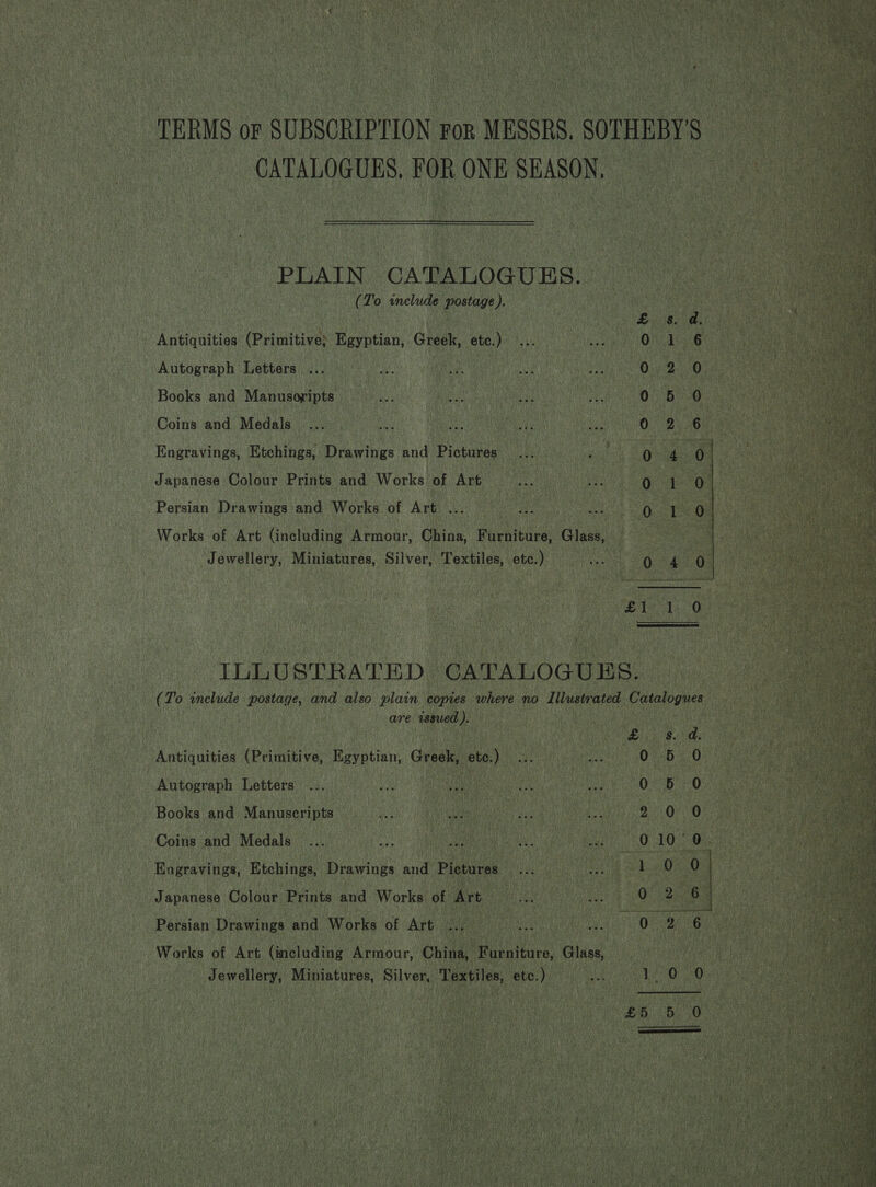 TERMS oF SUBSCRIPTION For MESSRS. SOTHEBY'S CATALOGUES, FOR ONE SEASON. PLAIN CATALOGUES. (To include postage ). Antiquities (Primitive; Egyptian, Greek, etc.) Autograph Letters ... Books and Manusoripts Coins and Medals Engravings, Etchings, Drawings and Pictures Japanese Colour Prints and Works of Art ooo ete oo of Persian Drawings and Works of Art ... Works of Art (including Armour, China, Furniture, Glass, Jewellery, Miniatures, Silver, Textiles, etc.) be 0 4 0 ILLUSTRATED CATALOGUES. are issued). £. Sod. Antiquities (Primitive, Egyptian, Greek, etc.) 5 0 Autograph Letters ... Me jo es a 0 5 0 Books and Manuscripts rags tiaysen! eae aah Be Ono Coins and Medals. ... ie dee ae Bea iO RO Engravings, Etchings, Drawings and Pictures ... ae estat) Japanese Colour Prints and Works of Ree ee By Q 2:6 Persian Drawings and Works of Art ... a ie Mee ya Tate Works of Art (including Armour, China, Furniture, Glass, Jewellery, Miniatures, Silver, Textiles, etc.) uM 1 Oe £6 Bi 20  ooo FP oO oO ak oe ae a Fn  ae = oe es ee —_ ae