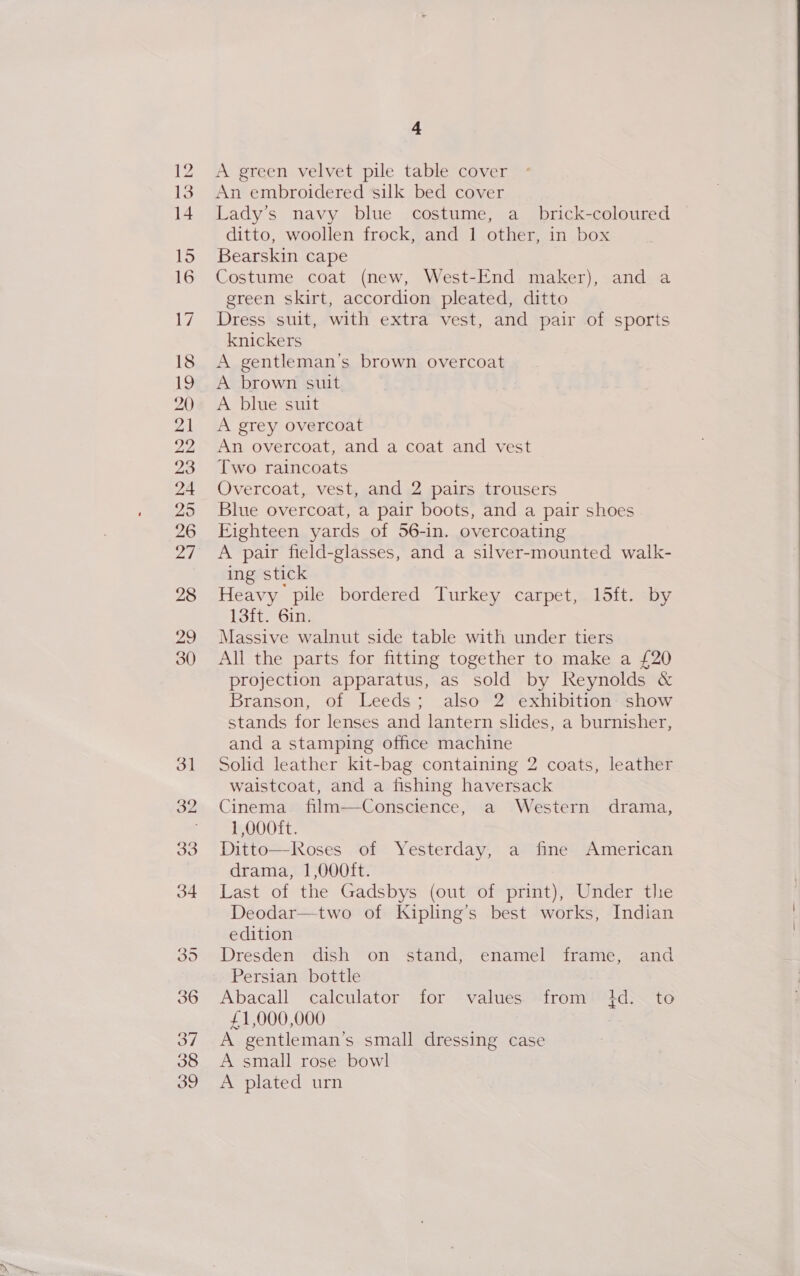 12 A green velvet pile table cover An embroidered silk bed cover Lady’s navy blue costume, a_ brick-coloured ditto, woollen frock, and 1 other, in box Bearskin cape Costume coat (new, West-End maker), and a green skirt, accordion pleated, ditto Dress suit, with extra vest, and pair of sports knickers A gentleman's brown overcoat A brown suit A blue suit A grey overcoat An overcoat, and a coat and vest Two raincoats Overcoat, vest, and 2 pairs trousers Blue overcoat, a pair boots, and a pair shoes Eighteen yards of 56-in. overcoating A pair field-glasses, and a silver-mounted walk- ing stick Heavy pile bordered Turkey carpet, 15ft. by 13ft. 6in. Massive walnut side table with under tiers All the parts for fitting together to make a £20 projection apparatus, as sold by Reynolds &amp; Branson, of Leeds; also 2 exhibition show stands for lenses and lantern slides, a burnisher, and a stamping office machine Solid leather kit-bag containing 2 coats, leather waistcoat, and a fishing haversack Cinema film—Conscience, a Western drama, 1,000ft. Ditto—Roses of Yesterday, a fine American drama, 1|,QOOft. Last of the Gadsbys (out of print), Under thie Deodar—two of Kipling’s best works, Indian edition Dresden dish on stand, enamel frame, and Persian bottle Abacall calculator for values from id. to £1,000,000 A gentleman’s small dressing case A small rose bowl A plated urn 