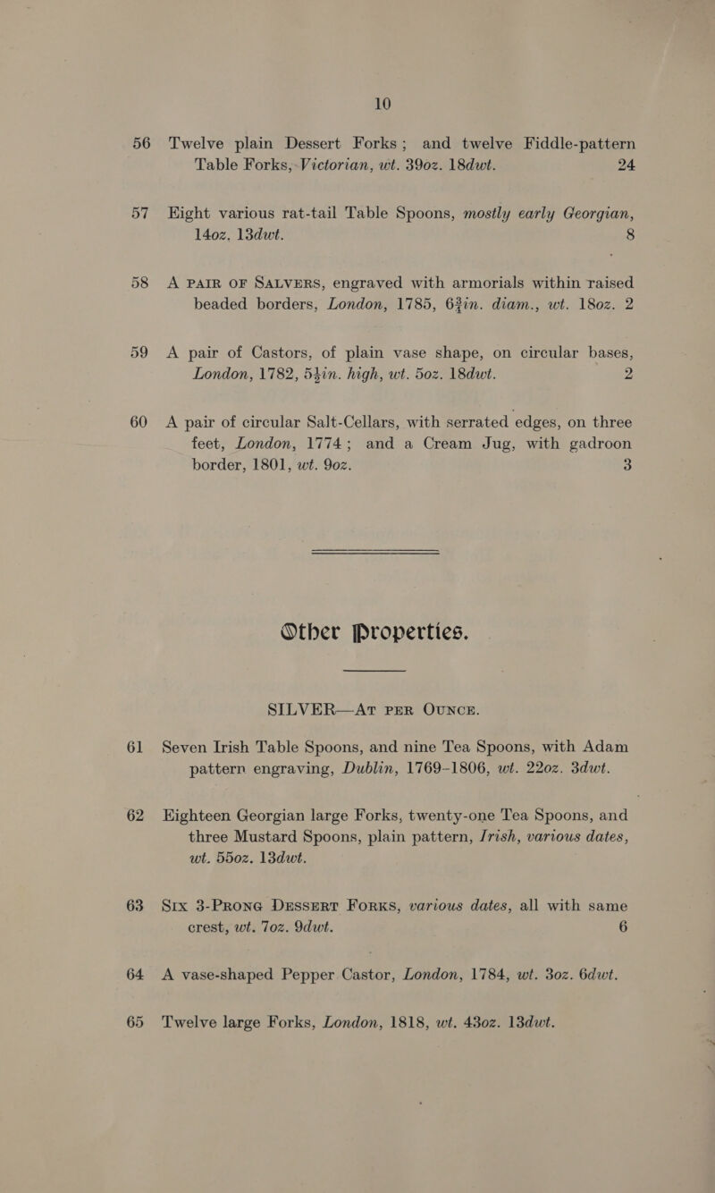 56 57 58 59 60 61 62 63 64 65 10 Twelve plain Dessert Forks; and twelve Fiddle-pattern Table Forks, Victorian, wt. 390z. 18dwt. 24 Eight various rat-tail Table Spoons, mostly early Georgian, 140z. 13dwt. 8 A PAIR OF SALVERS, engraved with armorials within raised beaded borders, London, 1785, 62in. diam., wt. 180z. 2 A pair of Castors, of plain vase shape, on circular bases, London, 1782, 54in. high, wt. 50z. 18dwt. 2 A pair of circular Salt-Cellars, with serrated edges, on three feet, London, 1774; and a Cream Jug, with gadroon border, 1801, wt. 9oz. 3 Other Properties. SILVER—AT PER OUNCE. Seven Irish Table Spoons, and nine Tea Spoons, with Adam pattern engraving, Dublin, 1769-1806, wt. 220z. 3dwt. Kighteen Georgian large Forks, twenty-one Tea Spoons, and three Mustard Spoons, plain pattern, /rish, various dates, wt. 550z. 13dut. Srtx 3-Pronea Dessert Forks, various dates, all with same crest, wt. 7oz. Idwt. 6 A vase-shaped Pepper Castor, London, 1784, wt. 30z. 6dut. Twelve large Forks, London, 1818, wt. 480z. 13dwt.