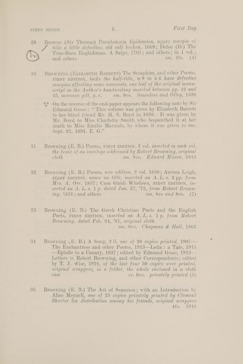 29 30 31 BR Browne (Sir Thomas) Pseudodoxia Epidemica, upper margin of title a little defective, old calf broken, 1669; Defoe (D.) The True-Born Englishman. A Satyr, 1701; and others; in 1 vol.; and others sm. 4to. (4) BROWNING (ELIZABETH Barrer) The Seraphim, and other Poems, FIRST EDITION, lacks the half-title, M9 to N6 have defective margins affecting some numerals, one leaf of the original manu- script in the Author’s handwriting inserted between pp. 42 and ° 43, morocco gilt, g. @. sm. 8vo. Saunders and Otley, 1838 Edmund Gosse: “ This volume was given by Elizabeth Barrett to her blind friend Mr. H. S. Boyd in 1838. It was given by Mr. Boyd to Miss Charlotte Smith who bequeathed it at her death to Miss Emilie Marzials, by whom it was given to me, Sept21, 1894. HE. G.” | Browning (KE. B.) Poems, FIRST EDITION, 2 vol. inserted in each vol. the front of an envelope addressed by Robert Browning, orvginal cloth | sm. 8vo. Edward Moxon, 1844 Browning (E. B.) Poems, new edition, 2 vol. 1850; Aurora Leigh, FIRST EDITION, name on title, mserted an A. L.s. 3 pp. from Mrs. A: Orr, 1857; Casa Guidi Windows, FIRST EDITION, in- serted an A. L.s. 1p. dated Jan. 27, °75, from Robert Brown- ing, \851; and others sm. 8vo and 8vo0. (7) Browning (H. B.) The Greek Christian Poets and the English Poets, FIRST EDITION, inserted an A.L.s. 1p. from Robert Browning, dated Feb. 24, *81, original cloth sm. 8vo. Chapman &amp; Hall, 1863 Browning (li. B.) A Song, 2 ll. one of 20 copies printed, 1907— The Enchantress and other Poems, 1913—Leila: a Tale, 1913 —Hpistle to a Canary, 1837; edited by Edmund Gosse, 1913—- Letters to Robert Browning, and other Correspondents; edited by T. J. Wise, 1916, of the last four 30 comes were printed, original wrappers, in a folder, the whole enclosed in a cloth case cr. 8v0. privately printed (5) Browning (H. B.) The Art of Scansion ; with an Introduction by Alice Meynell, one of 25 copies privately printed by Clement Shorter for distribution among his friends, original wrappers Ato. 1916