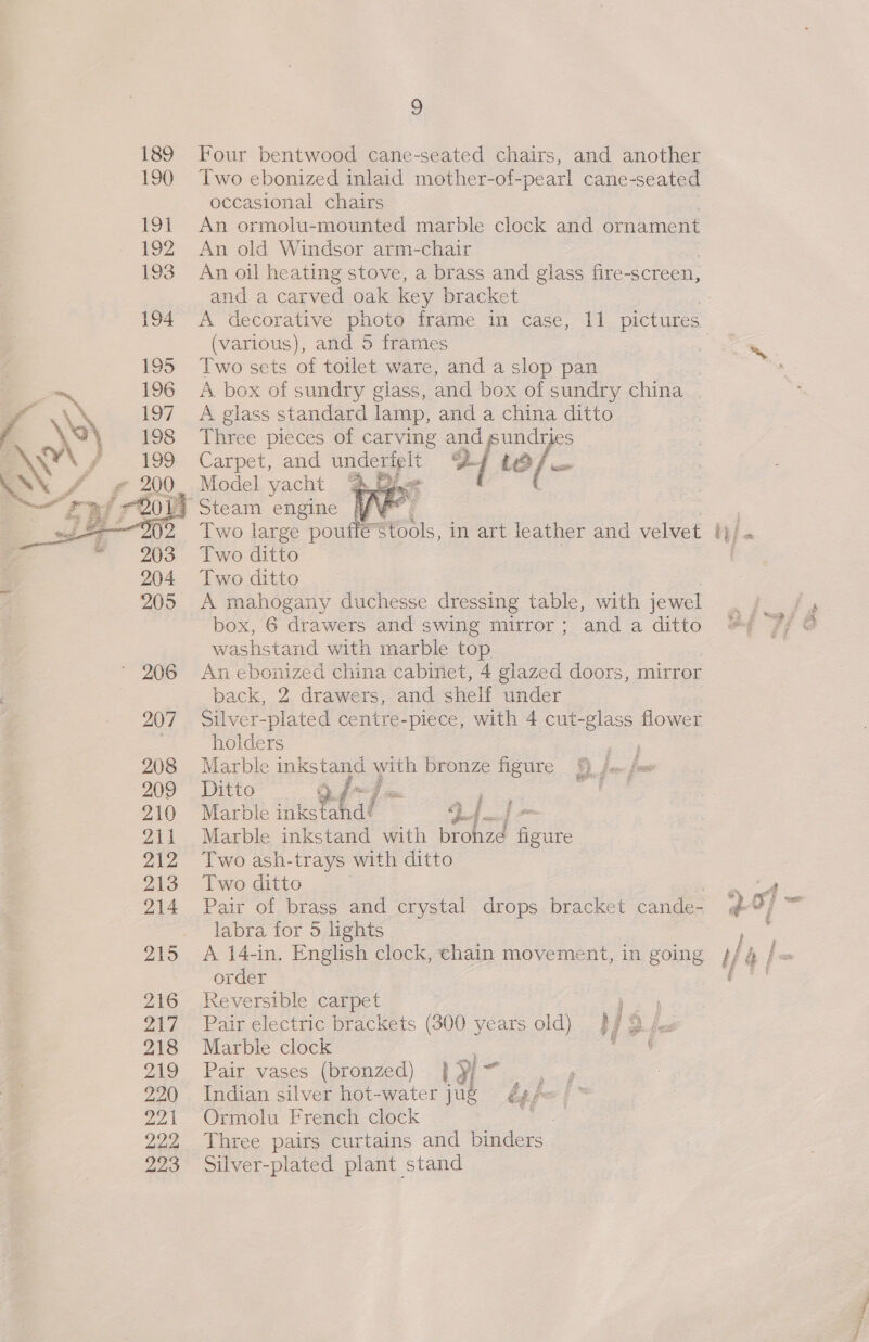  Four bentwood cane-seated chairs, and another Two ebonized inlaid mother-of-pearl cane- seated occasional chairs An ormolu-mounted marble clock and ornament An old Windsor arm-chair An oil heating stove, a brass and glass fire-screen, and a carved oak key bracket A decorative photo frame in case, 11 pictures (various), and 5 frames Two sets of toilet ware, and a slop pan | A box of sundry glass, and box of sundry china | A glass standard lamp, and a china ditto Three pieces of carving and sundry eS Carpet, and ee a carl Ty Model yacht “ue  Two large pou Two ditto Two ditto | A mahogany duchesse dressing table, with jewel box, 6 drawers and swing mirror; and a ditto washstand with marble top An ebonized china cabinet, 4 glazed doors, mirror back, 2 drawers, and shelf under Silver-plated centre-piece, with 4 cut-glass flower holders . Marble inkstand with bronze figure Ditto d fj Vase pic. Marble inkstahd? J ae Marble inkstand with broke ae Two ash-trays with ditto Two ditto Pair of brass and crystal drops bracket cande- labra for 5 lights errs £ order Reversible carpet ve Pair electric brackets (300 years old) Pf 2 /es Marble clock : Pair vases (bronzed) Indian silver hot-water Ly Ormolu French clock Three pairs curtains and binders Silver-plated plant stand